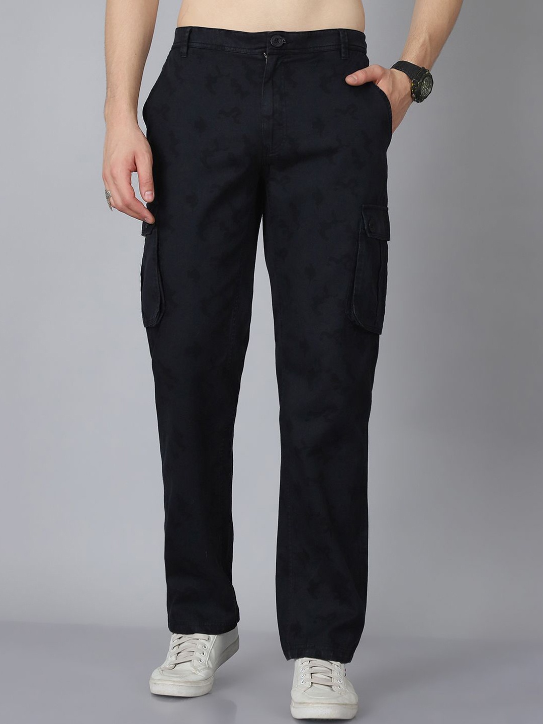 

HOUSE OF VEDAS Men Comfort Easy Wash Cargos Trousers, Black