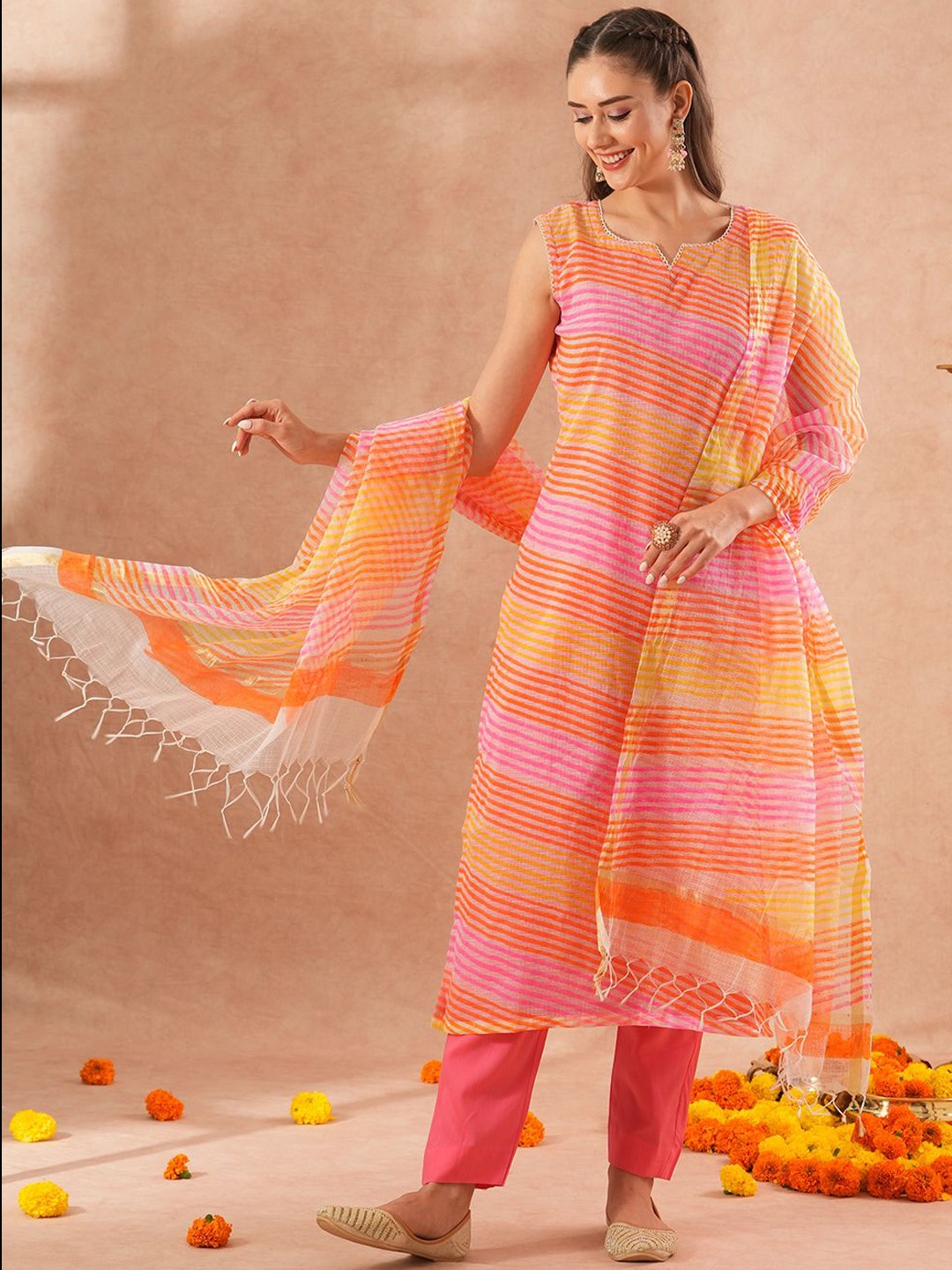 

FASHOR Leheriya Printed Nothced Neck Straight Kurta With Trouser & Dupatta, Orange