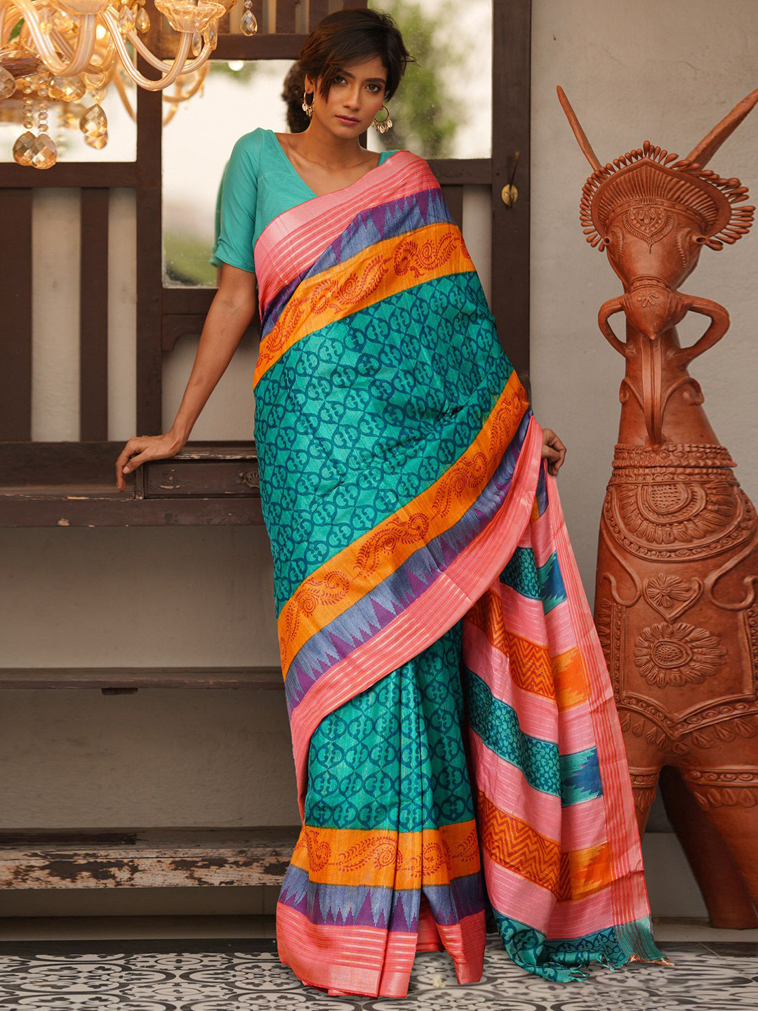 

Unnati Silks Woven Design Ethnic Motifs Pure Silk Tussar Saree, Green