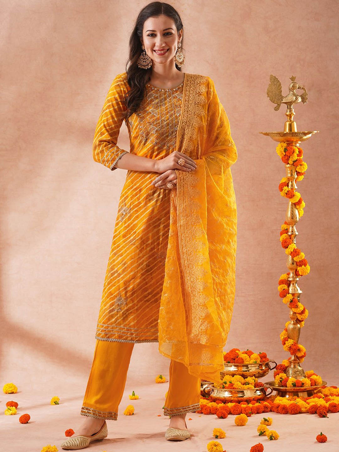 

FASHOR Women Printed Regular Mirror Work Kurta with Trousers & With Dupatta, Yellow