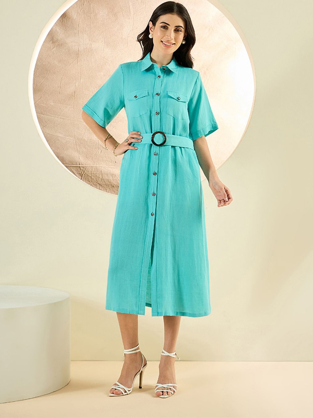 

First Resort by Ramola Bachchan Women Linen Shirt Midi Dress, Turquoise blue