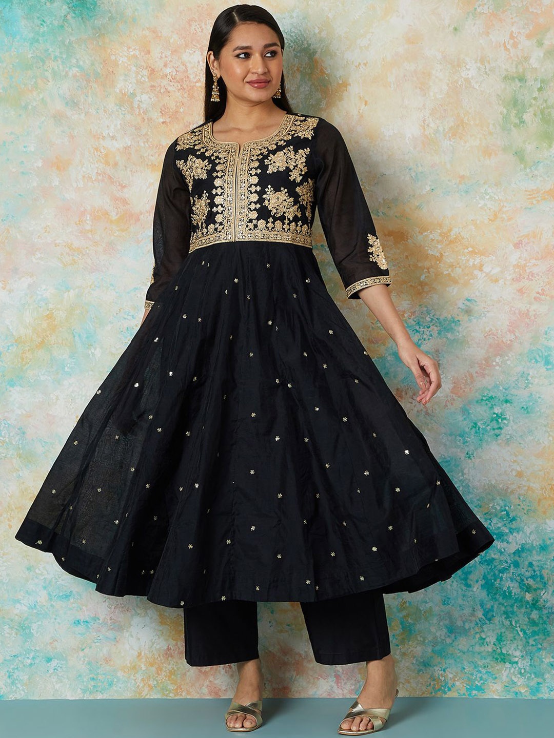 

Melange by Lifestyle Women Floral Embroidered Regular Thread Work Chanderi Silk Kurta with Palazzos & With, Black