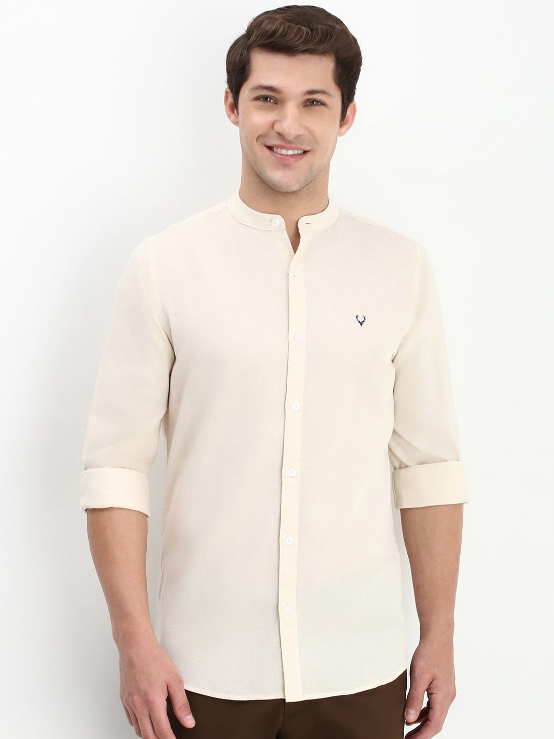 

Allen Solly Men Mandarin Collar Solid Cotton Slim Fit Casual Shirt, Cream