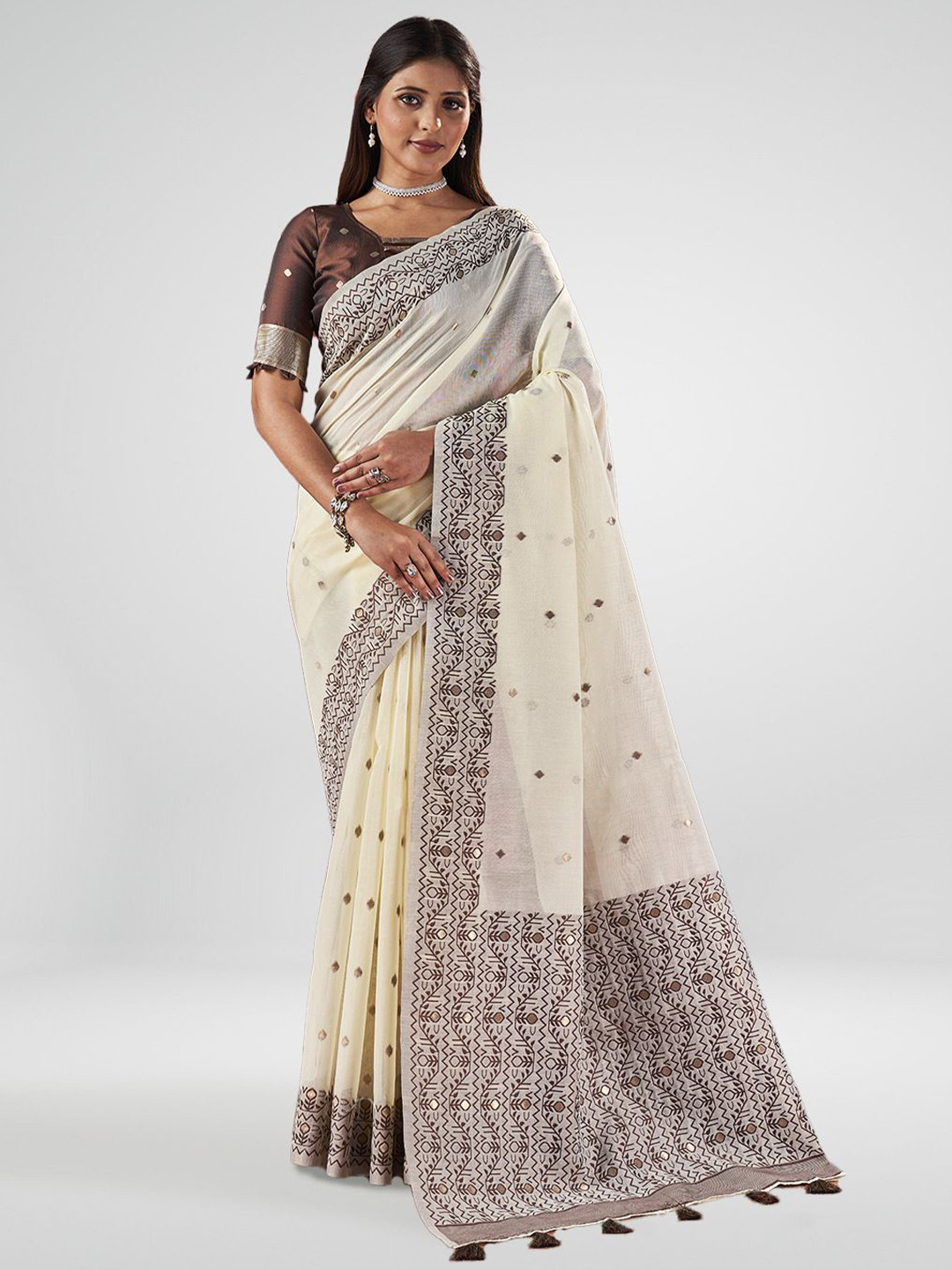 

SARHA Geometric Pure Cotton Saree, White