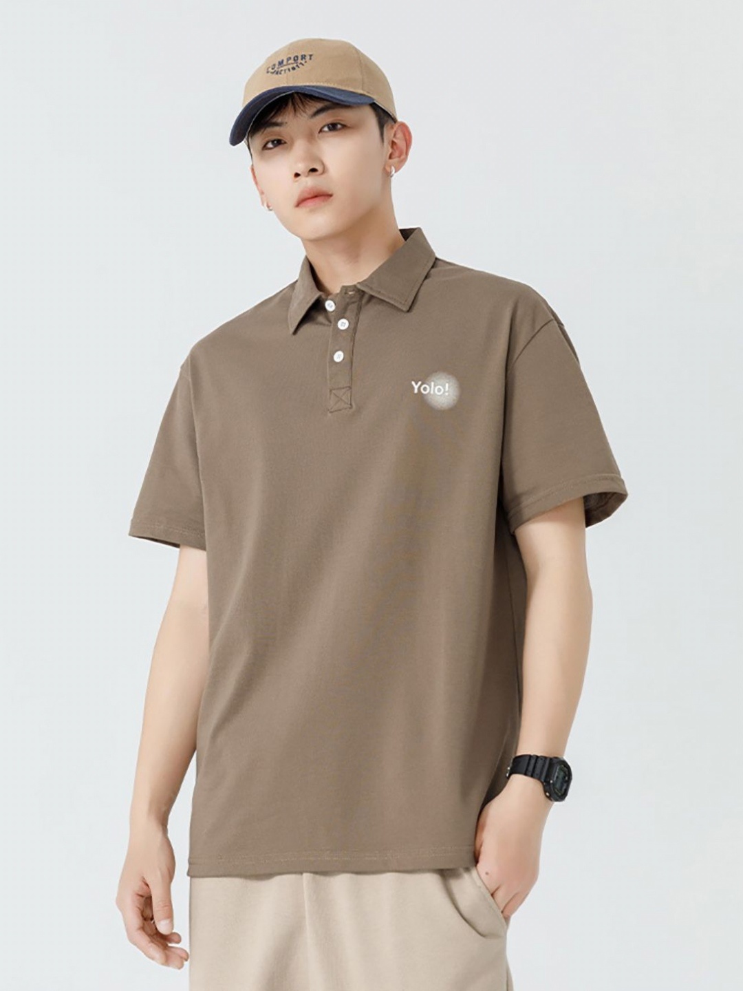 

StyleCast x Revolte Men Solid Polo Collar Cotton T-shirt, Khaki