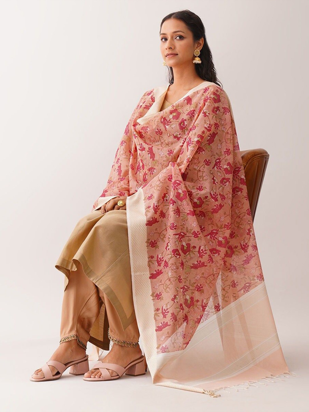 

JAYPORE Printed Cotton Silk Dupatta, Pink