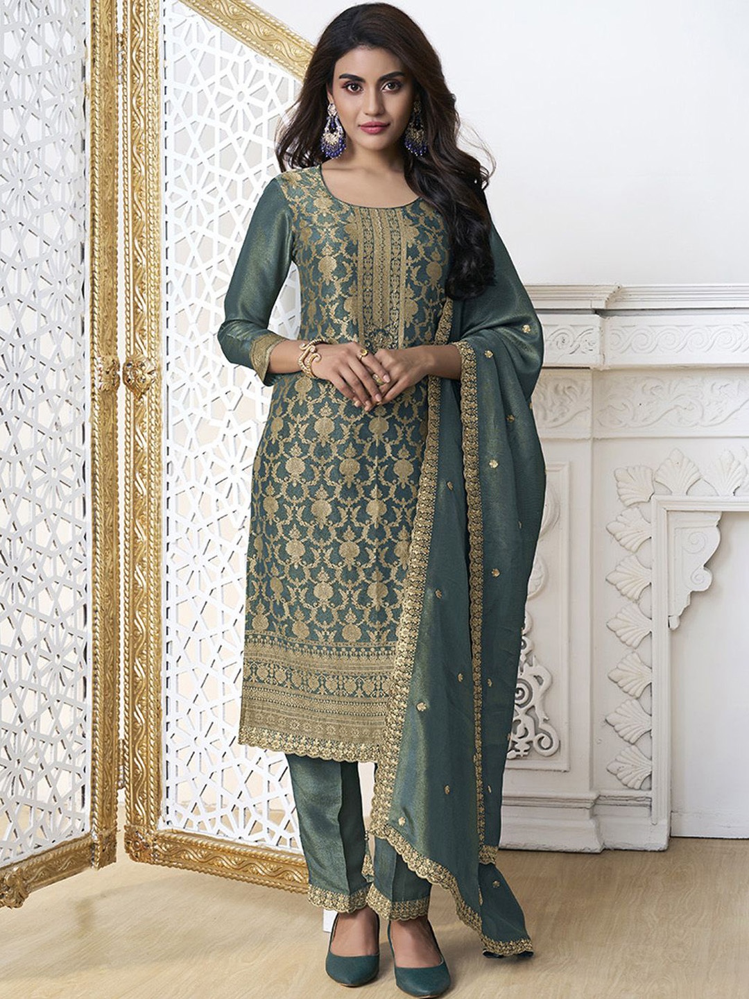 

Seerat Ethnic Motifs Woven Design Sequinned Jacquard Straight Kurta With Trouser & Dupatta, Teal