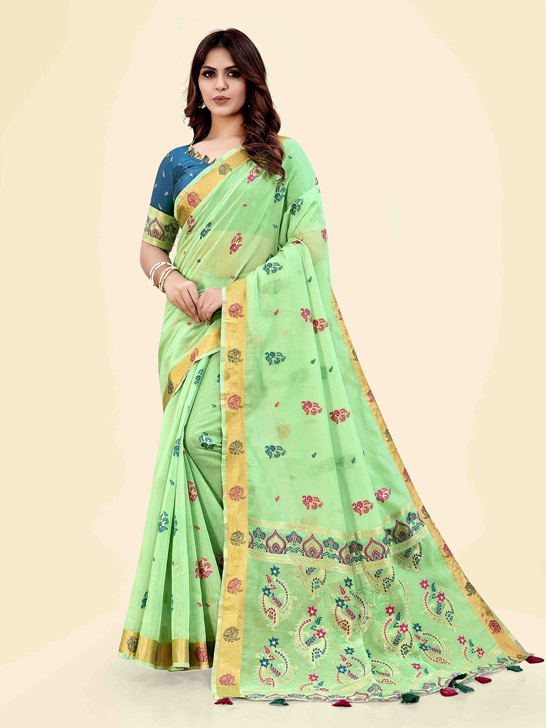 

SARHA Ethnic Motifs Printed Woven Design Zari Pure Cotton Saree, Green