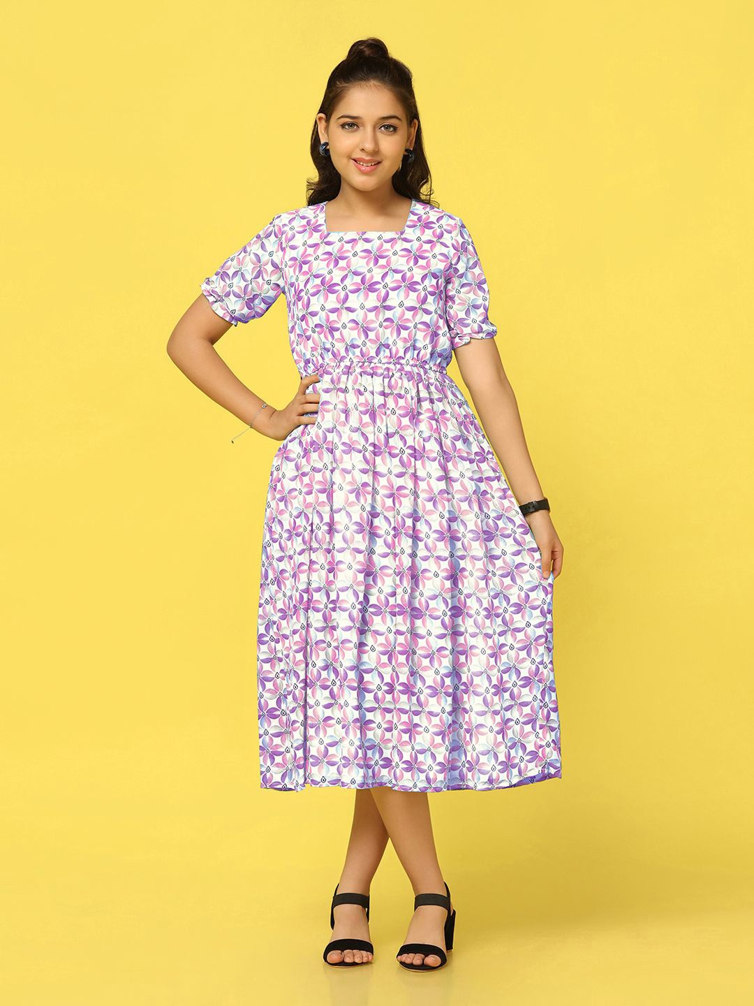 

FASHION DREAM Girls Floral Printed Puff Sleeves Fit & Flare Midi Dress, Violet
