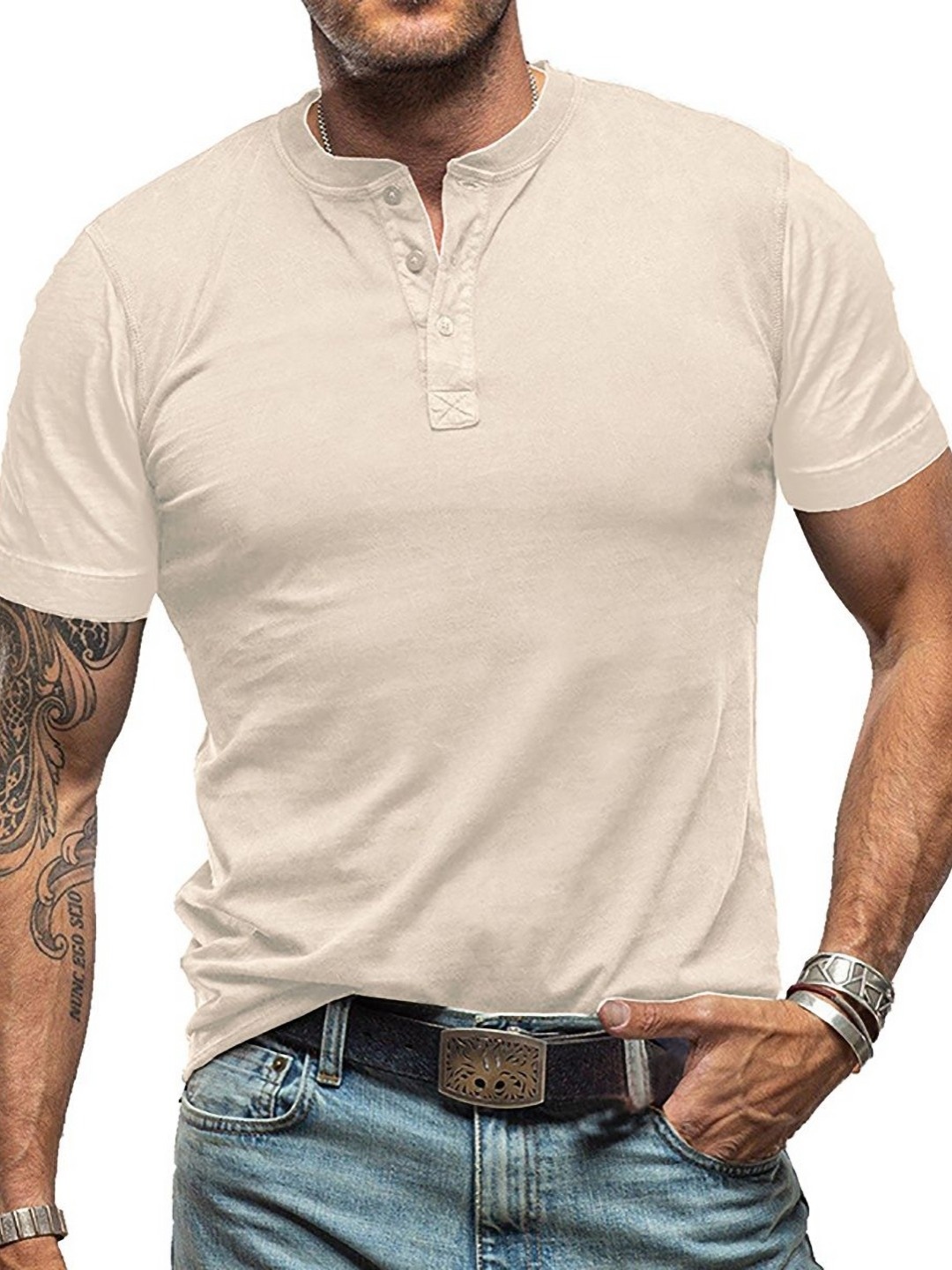 

StyleCast x Revolte Men Solid Henley Neck Cotton T-shirt, Beige