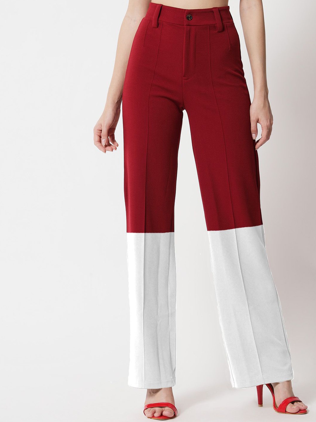 

Kotty Women Colourblocked Relaxed Straight Leg Straight Fit High-Rise Easy Wash Trousers, Multi