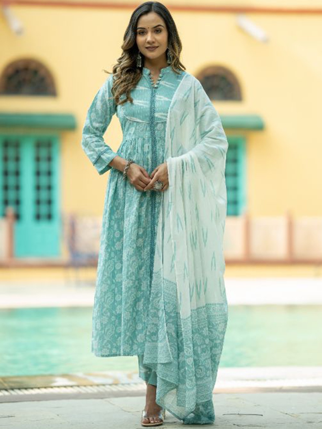 

Kiana House Of Fashion Floral Printed Pure Cotton Anarkali Kurta With Trousers & Dupatta, Turquoise blue