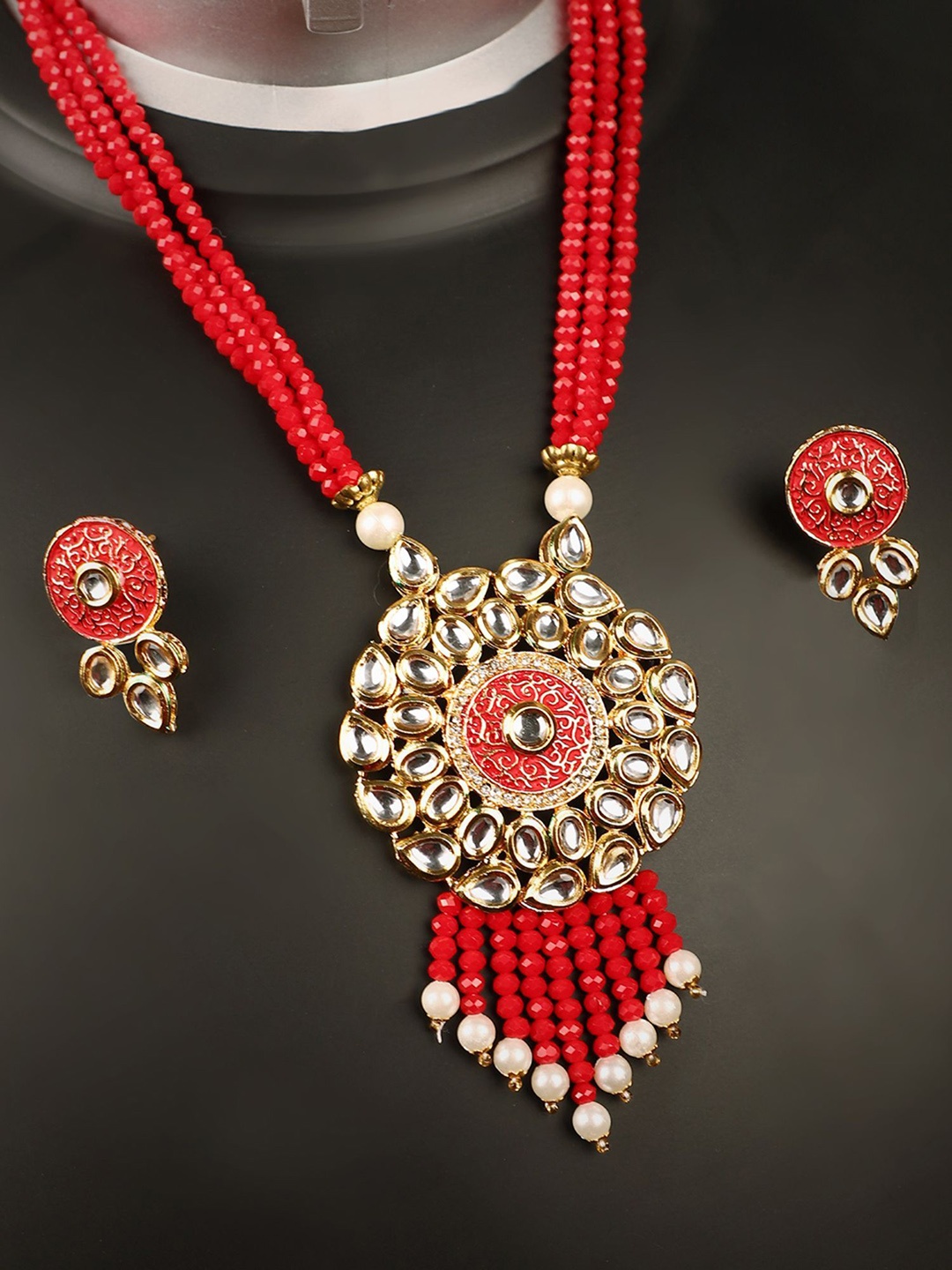 

ANIKAS CREATION Stone Studded & Beaded Meenakari Jewellery Set, Gold