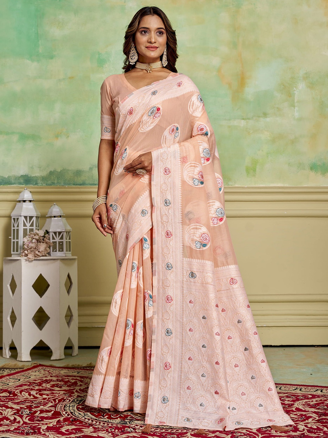 

KAYOMMI Ethnic Motifs Zari Pure Cotton Banarasi Saree, Peach