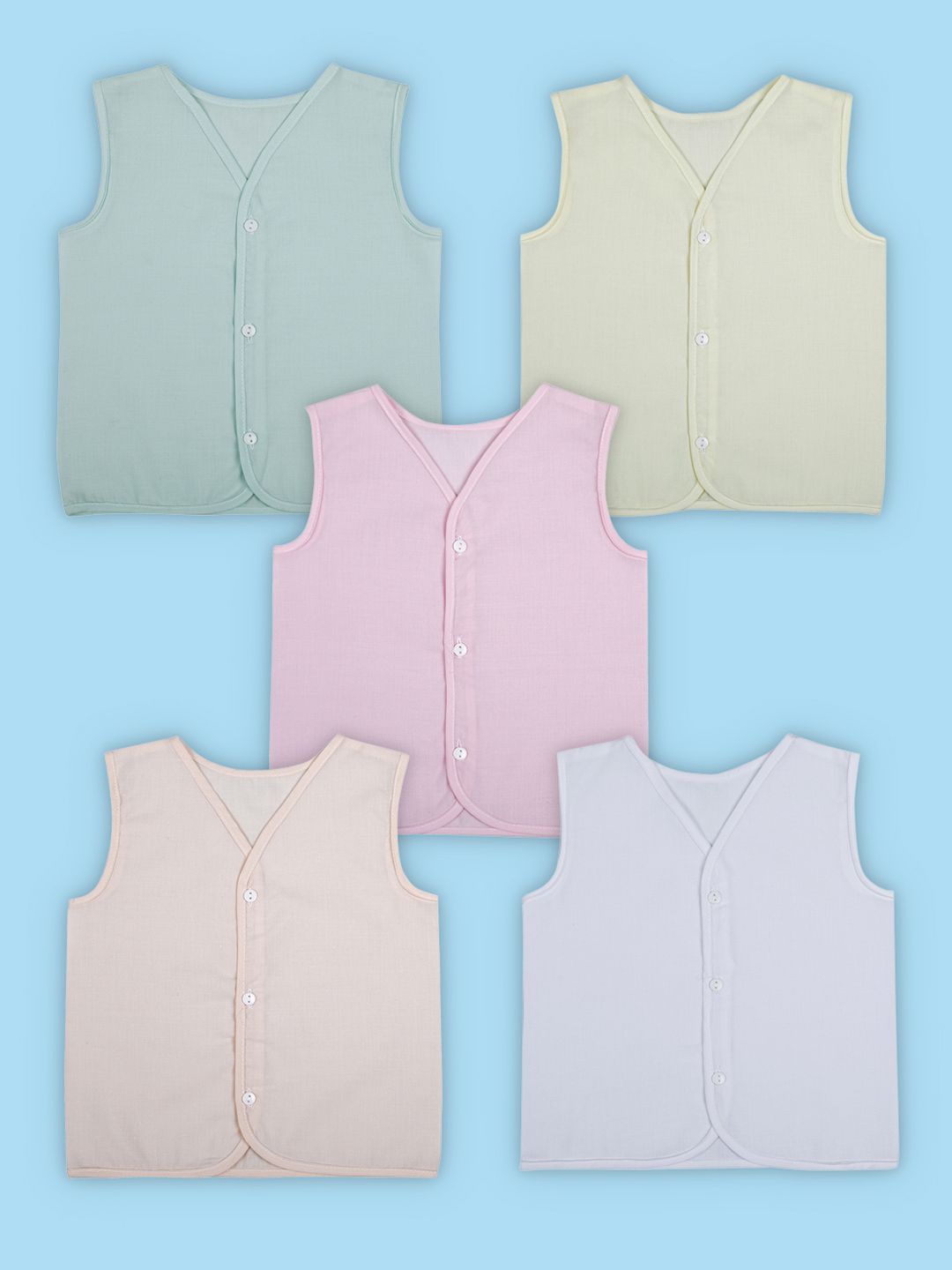 

Baby Moo Solid V-Neck Sleeveless Front Opening Button Cotton Jhablas 5 Pcs, Pink