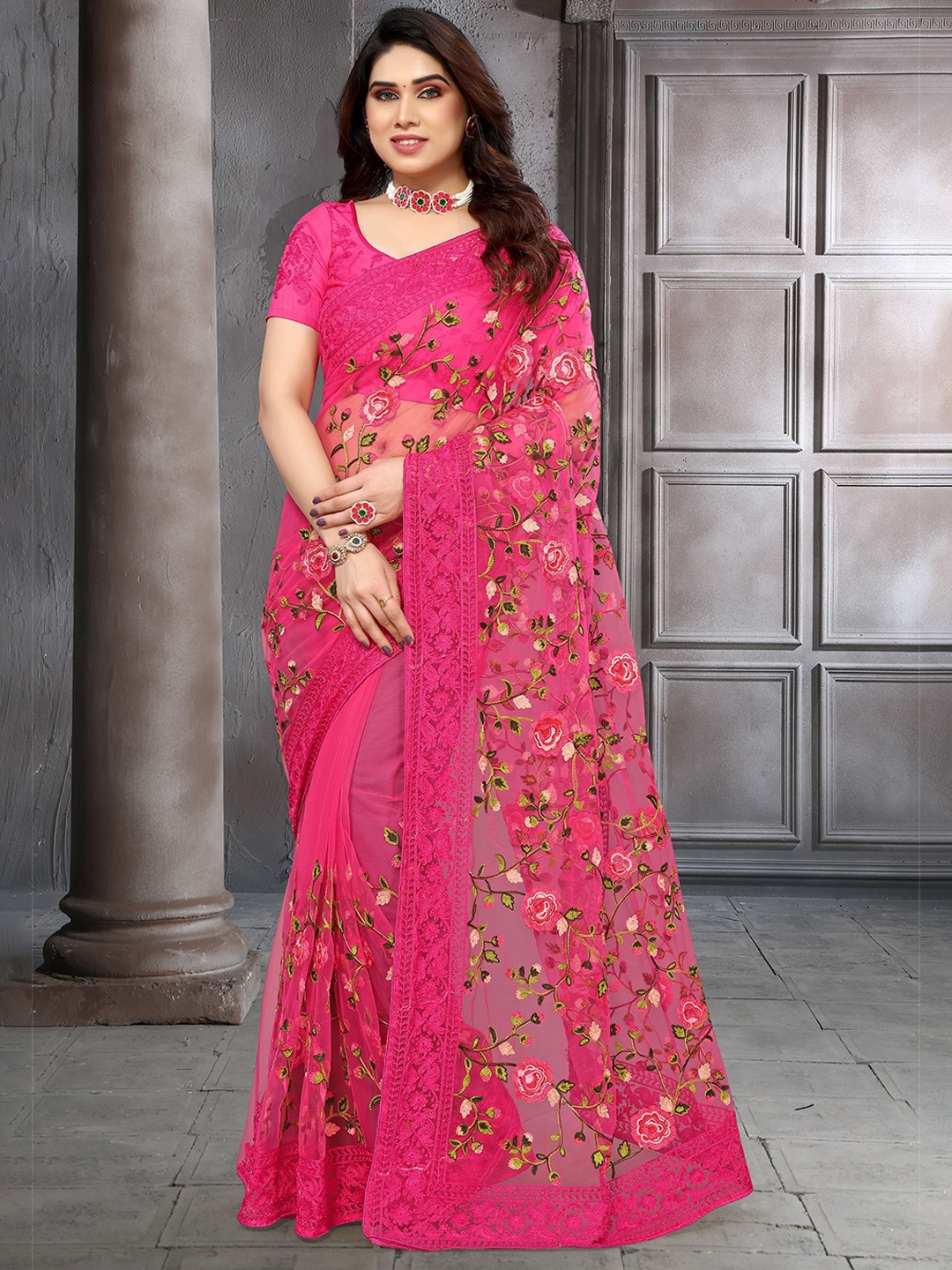 

VIRICA Floral Embroidered Art Silk Saree, Pink