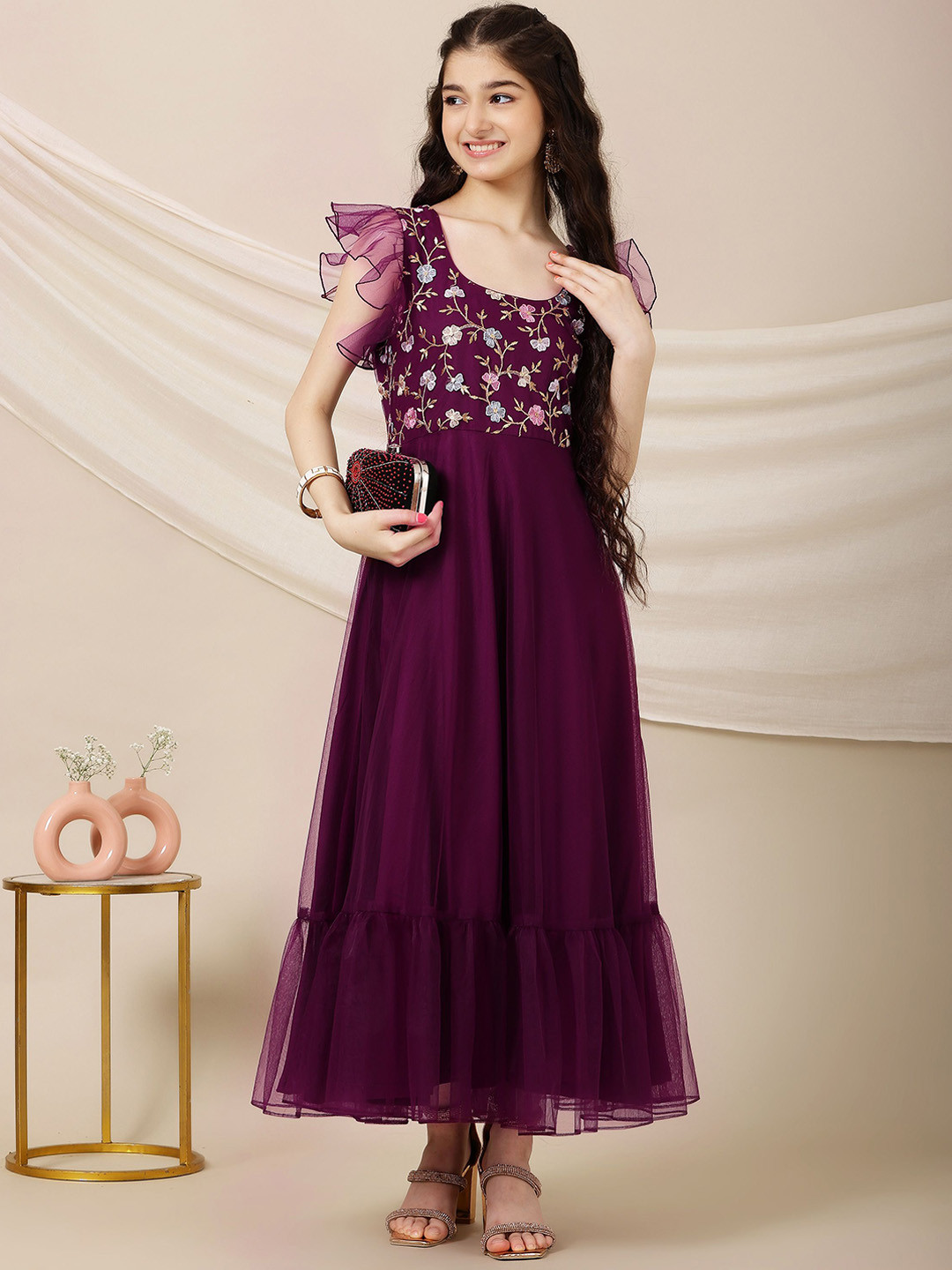 

Inddus Girls Floral Embroidered A-Line Maxi Ethnic Dresses, Purple