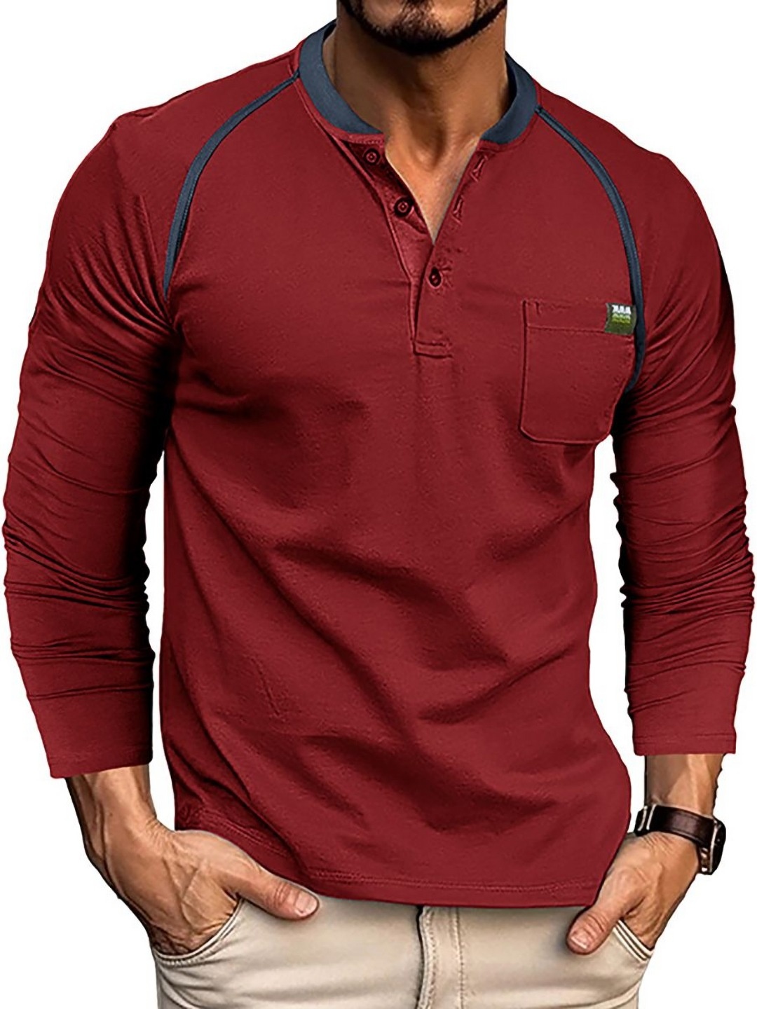 

StyleCast x Revolte Men Solid Henley Neck Cotton T-shirt, Maroon