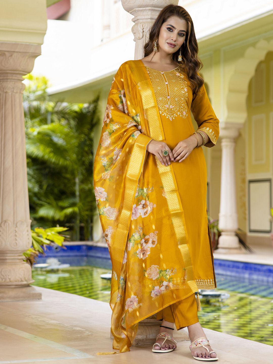 

VredeVogel Women Floral Embroidered Regular Kurta with Trousers & With Dupatta, Mustard