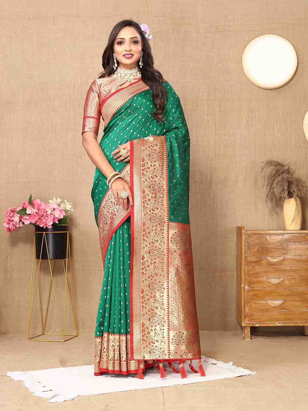 

Zeekha Woven Design Zari Pure Silk Kanjeevaram Saree, Green