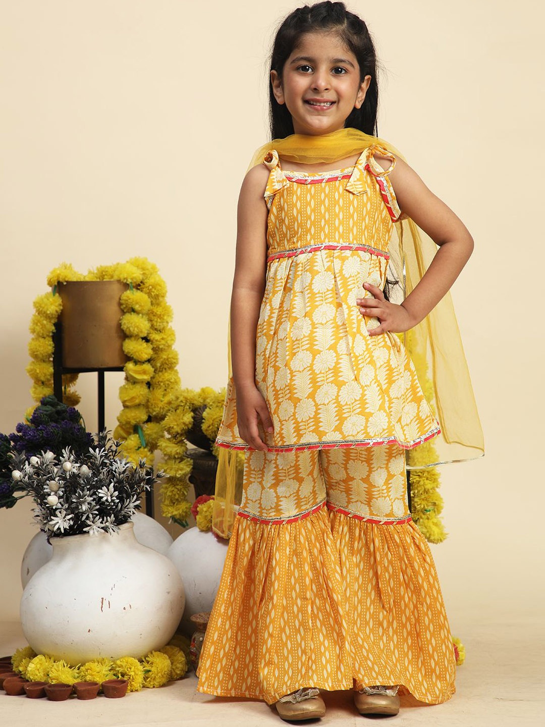 

Cutiekins Girls Floral Printed Regular Kurta with Sharara & With Dupatta, Mustard