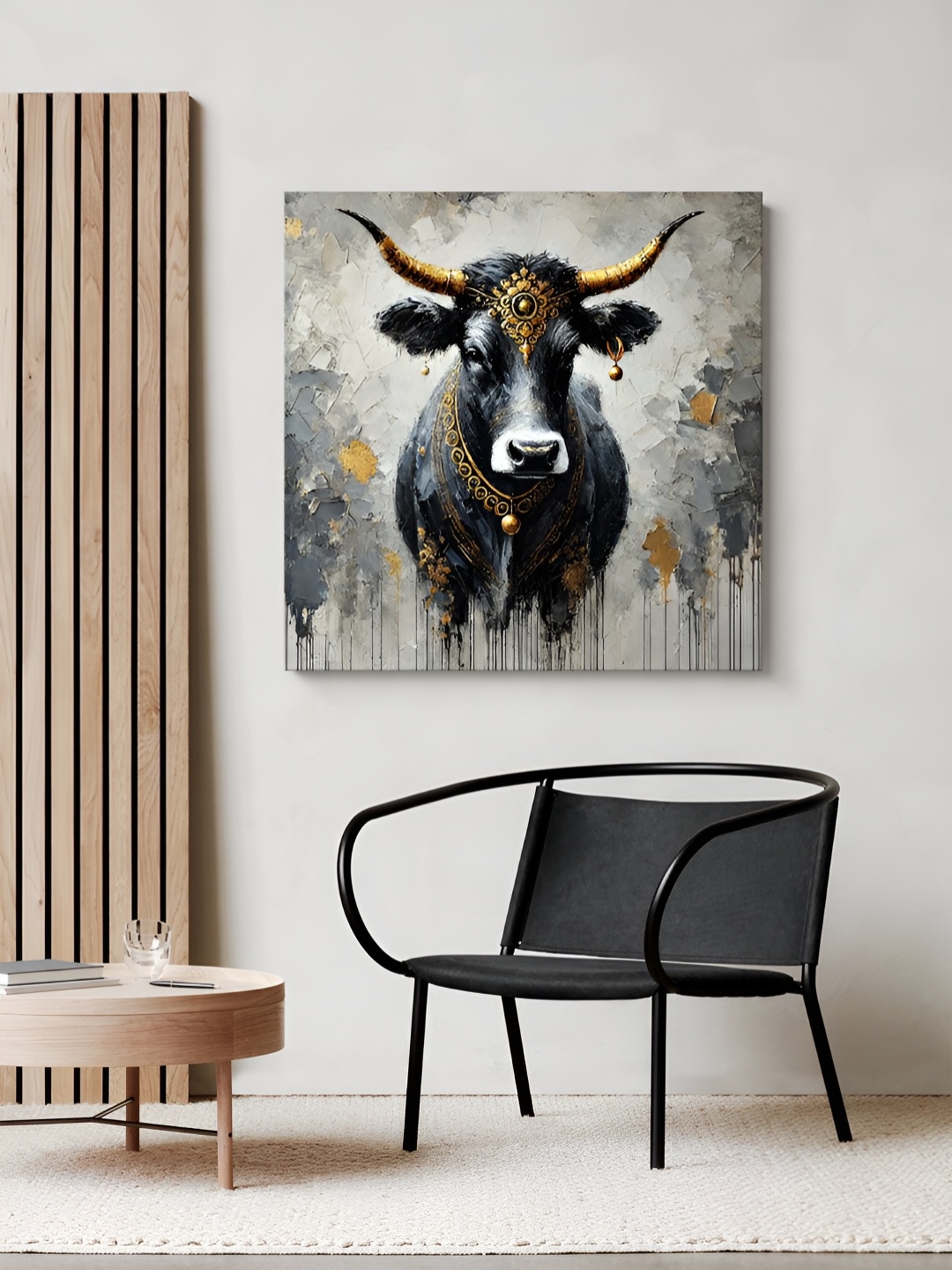 

999Store Grey & Yellow Nandi Bull Printed Canvas Painting Wall Art
