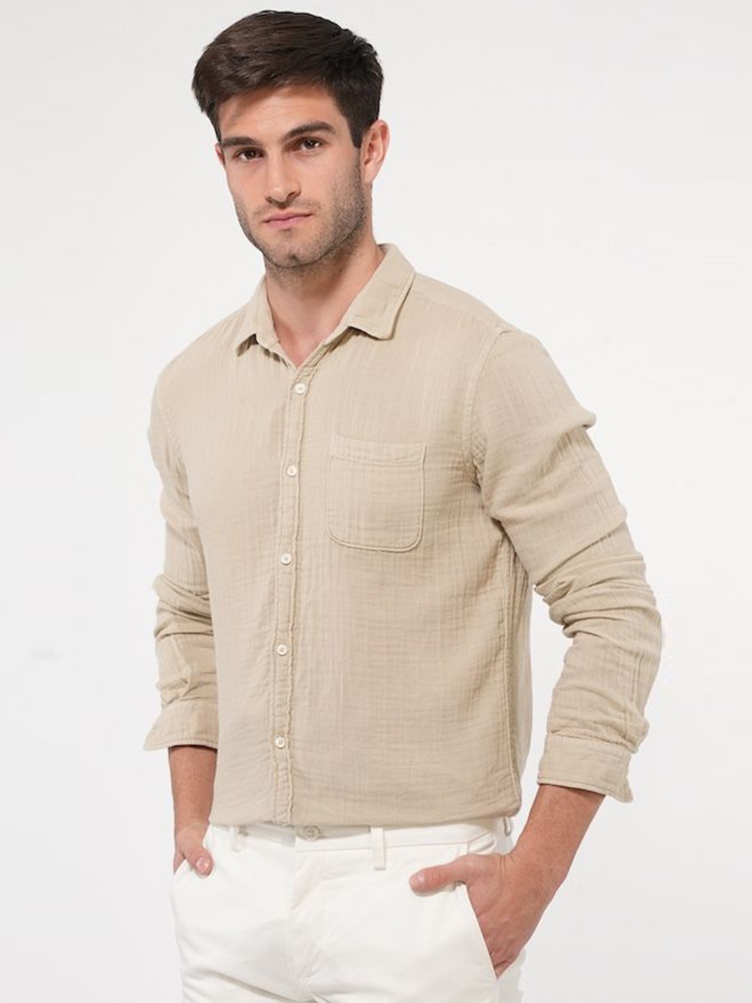 

POE Men Smart Slim Fit Opaque Casual Shirt, Beige