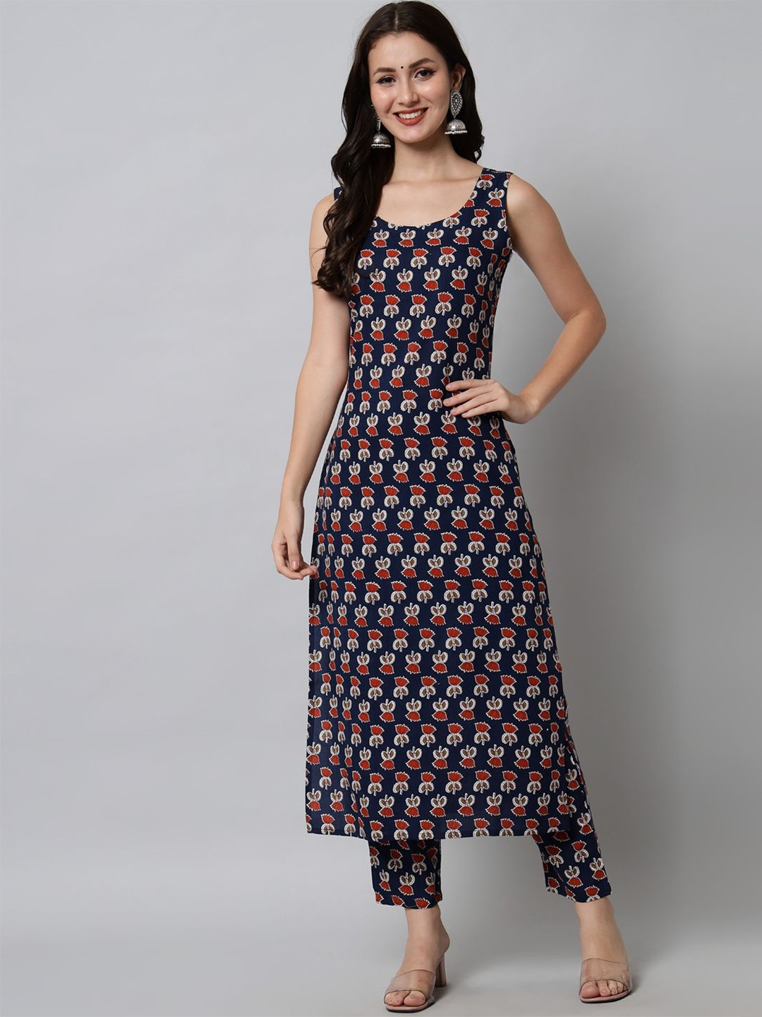 

NYPA Floral Printed Straight Kurta with Trousers, Blue