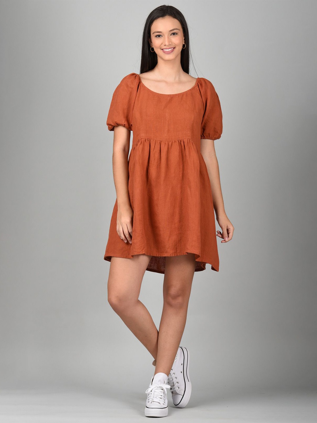 

Linen Options Women Puff Sleeves A-Line Dress, Orange