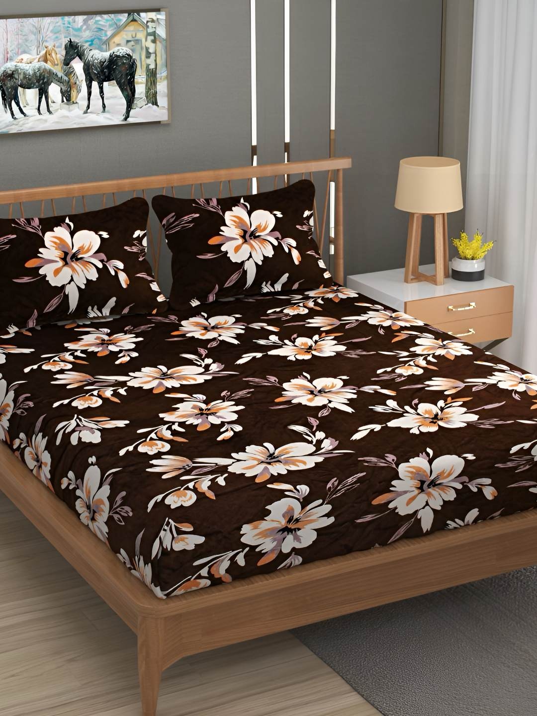 

B' Decorlish Brown & White Printed Fitted Double Bed Cover with 2 Pillow Covers