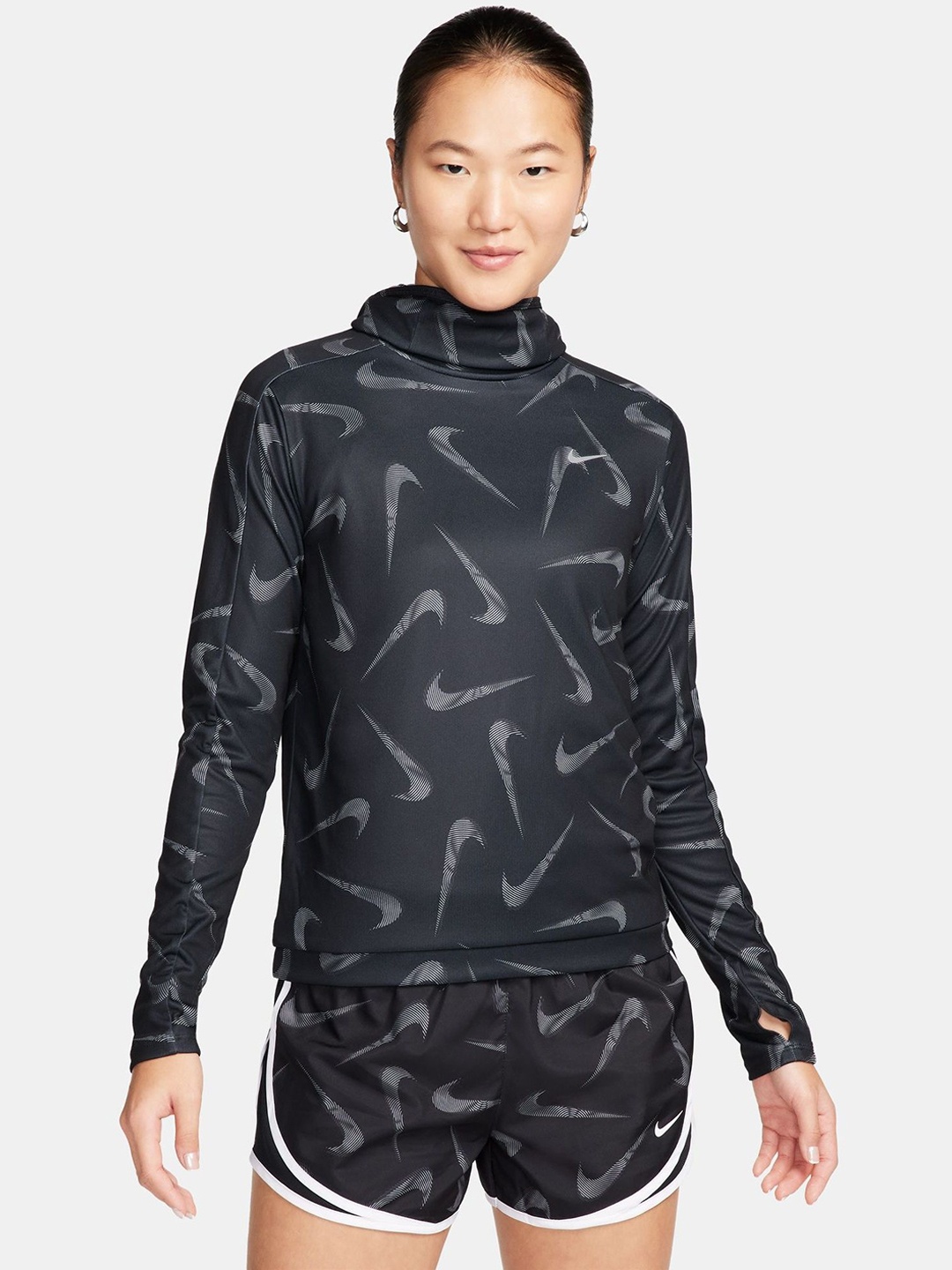 

Nike Swoosh Women Hooded Printed Running Jacket, Black