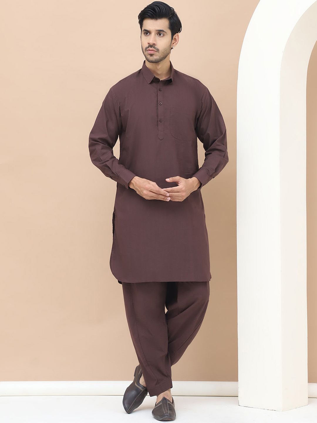 

TAG 7 Shirt Collar Cuffed Sleeves Pure Cotton Pathani Kurta With Salwar, Brown