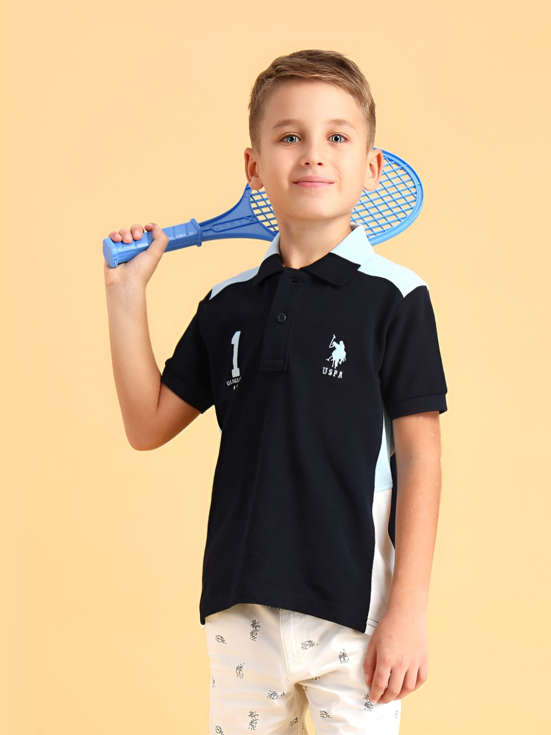 

U.S. Polo Assn. Kids Boys Varsity Printed Polo Collar Cotton T-shirt, Navy blue