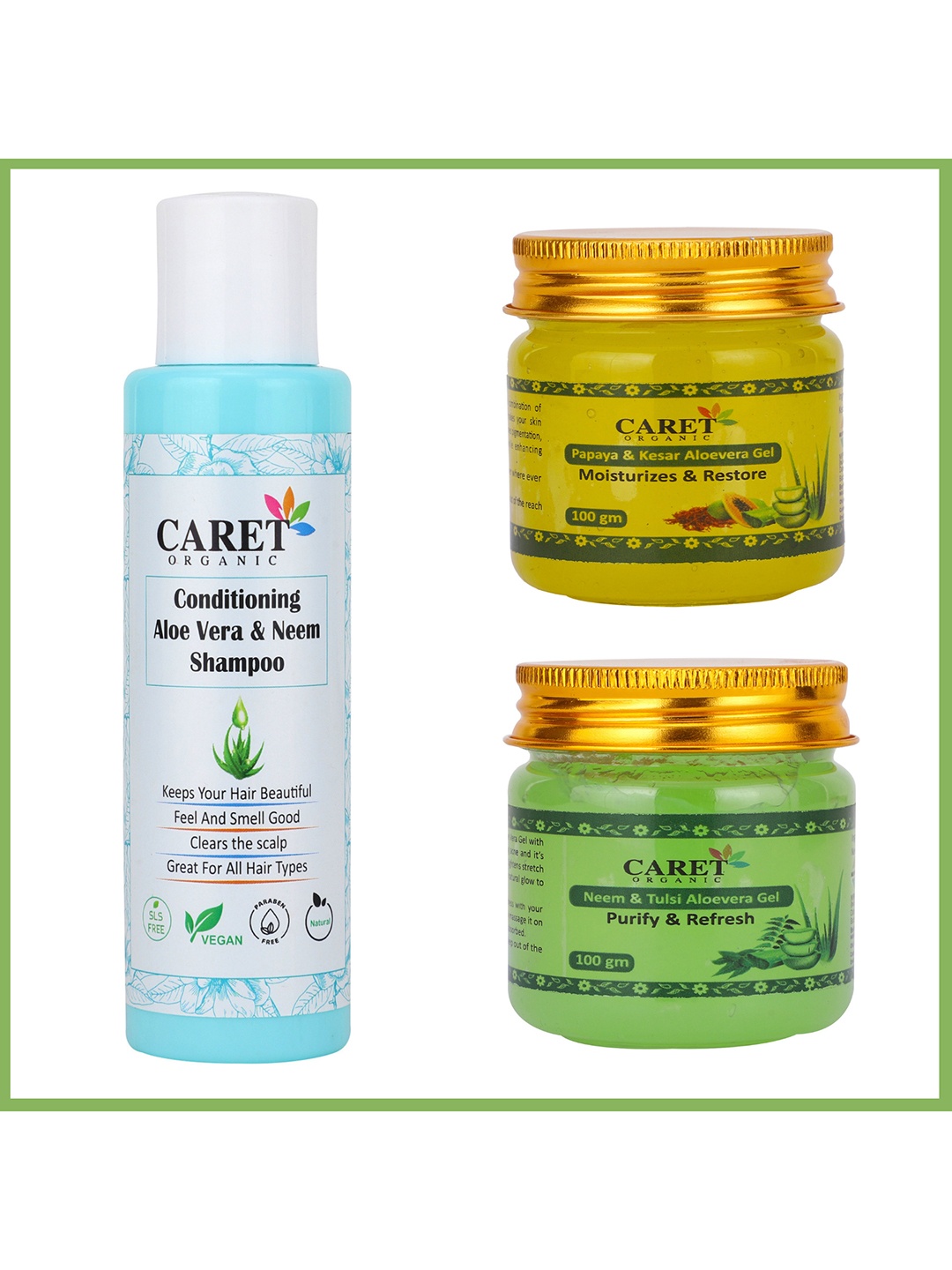 

CARET ORGANIC Aloe vera Shampoo, Papaya Gel & Neem Tulsi & Aloevera Gel Combo-100 g Each, White