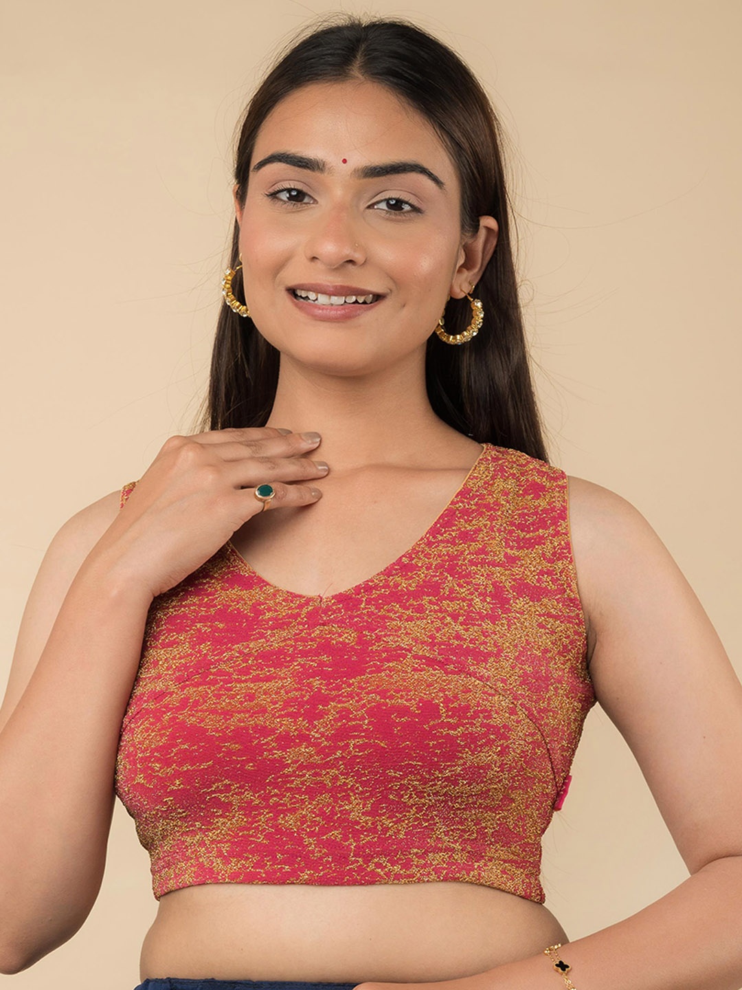 

Bindigasm's Advi Zari Embellished Sleeveless Stretchable Saree Blouse, Pink