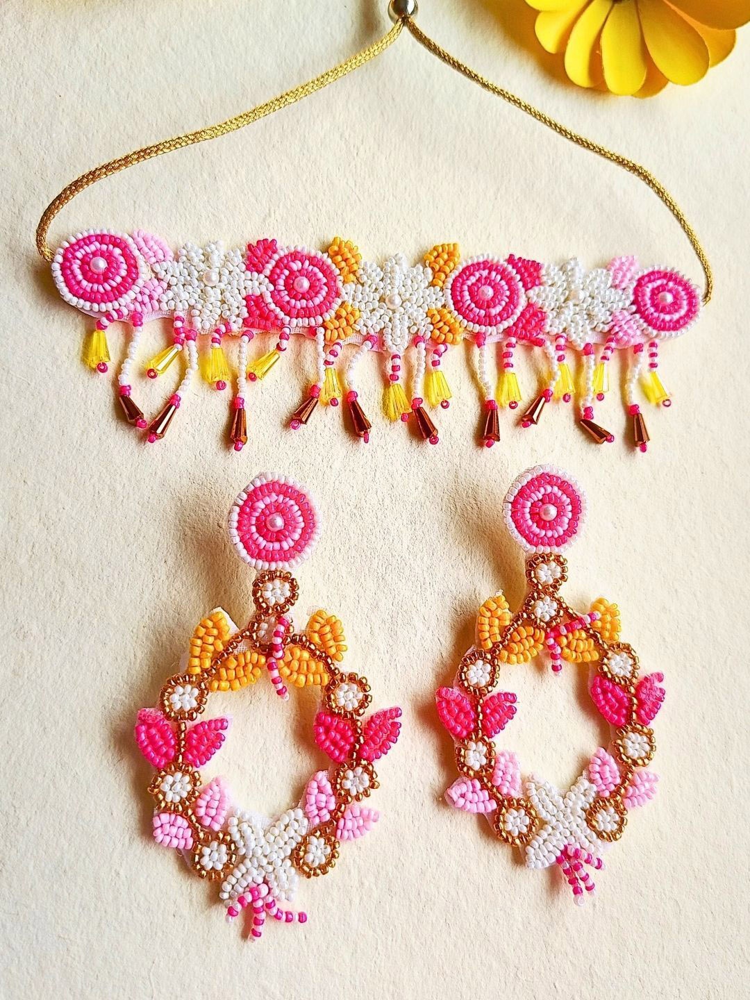 

Sangria Gold-Plated Floral Beaded Boho Tasseled Bridal Jewellery Set, Pink