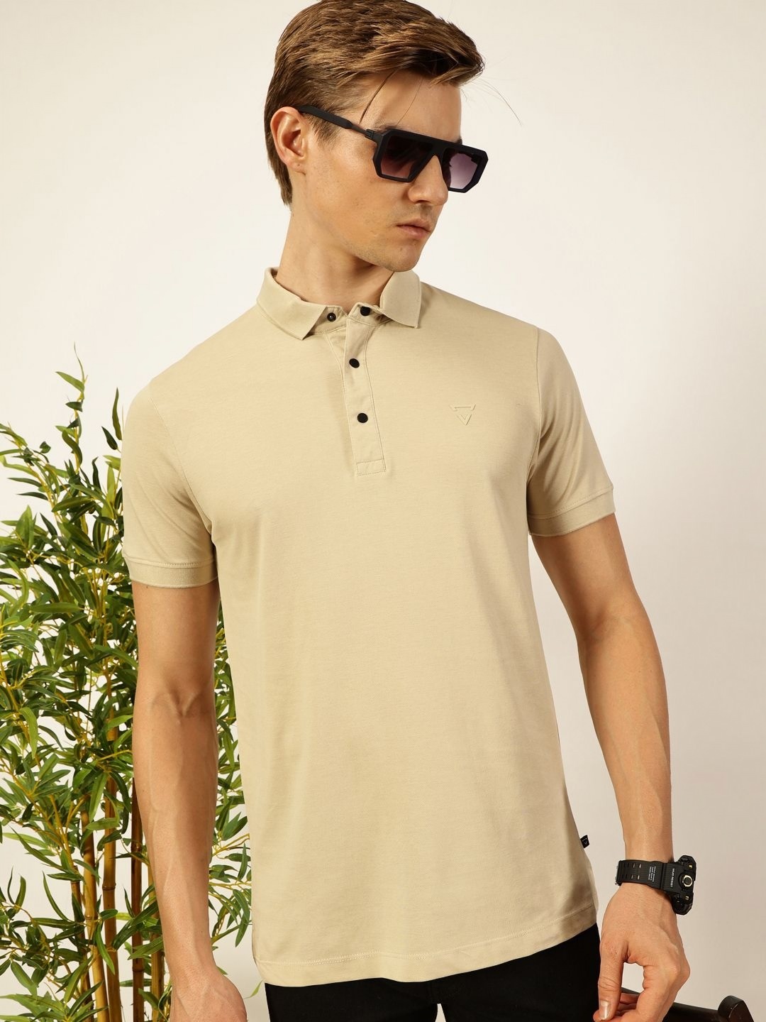 

Thomas Scott Men Solid Polo Collar Cotton T-shirt, Cream