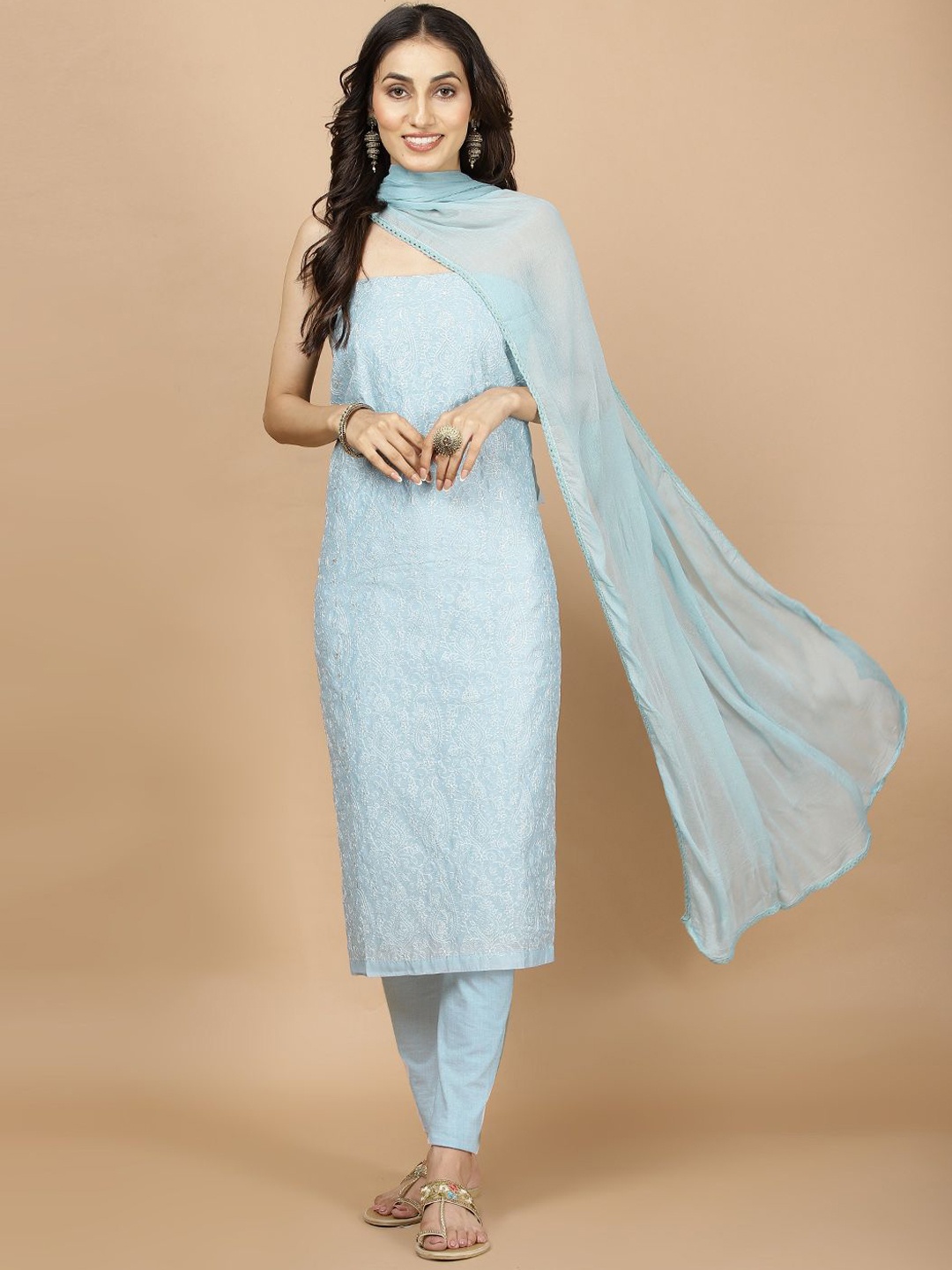 

Meena Bazaar Ethnic Motifs Embroidered Chanderi Unstitched Dress Material, Blue