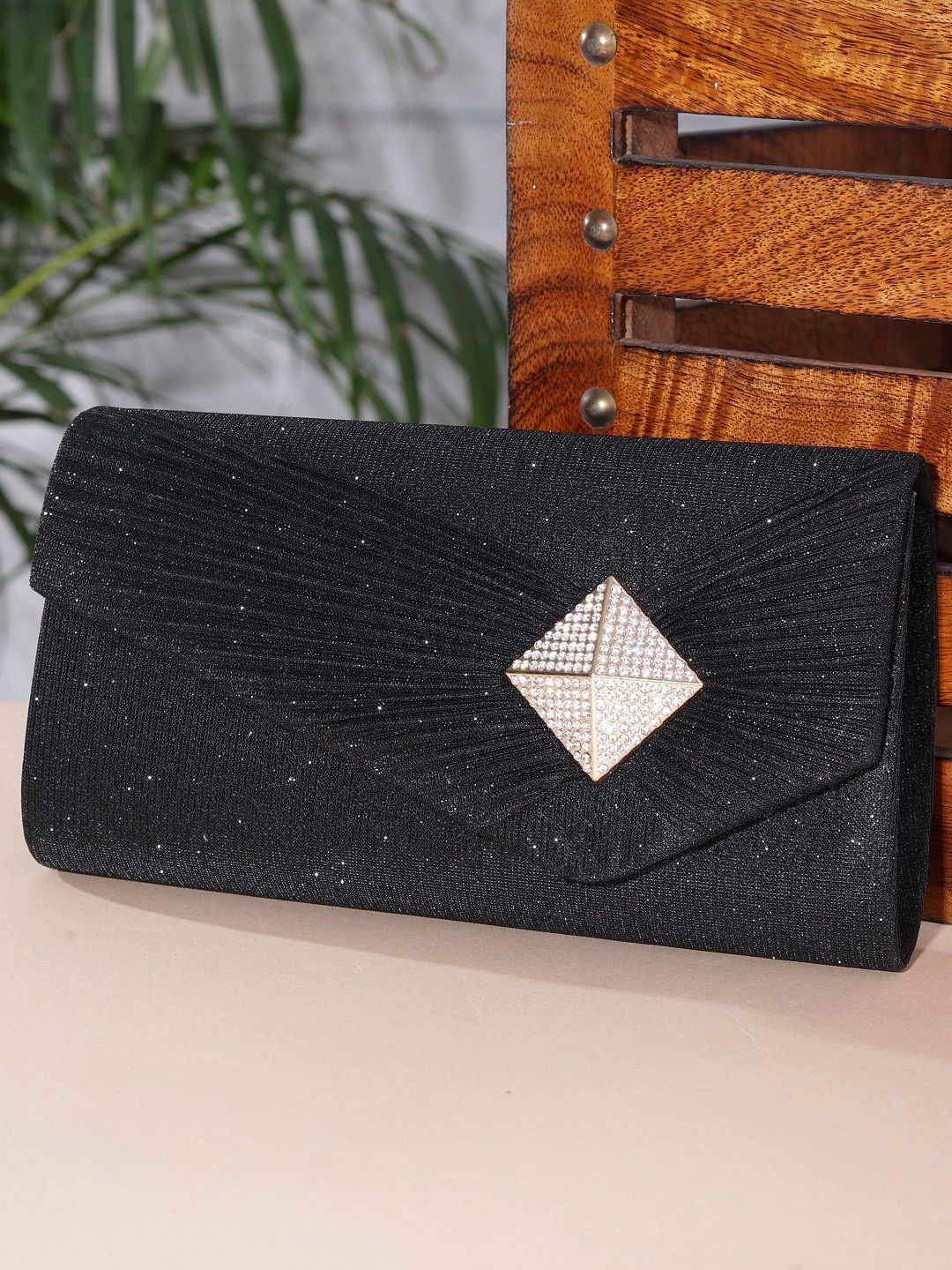 

SAZARA Embellished Foldover Clutch, Black