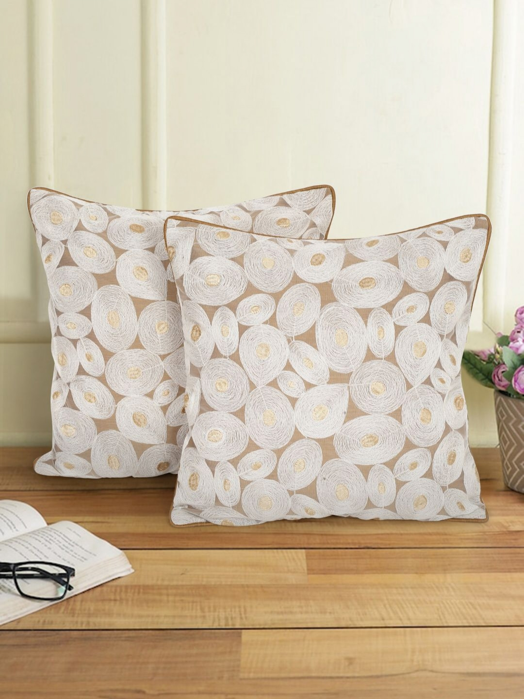 

eyda Beige & White 2 Pieces Embroidered Square Cushion Covers