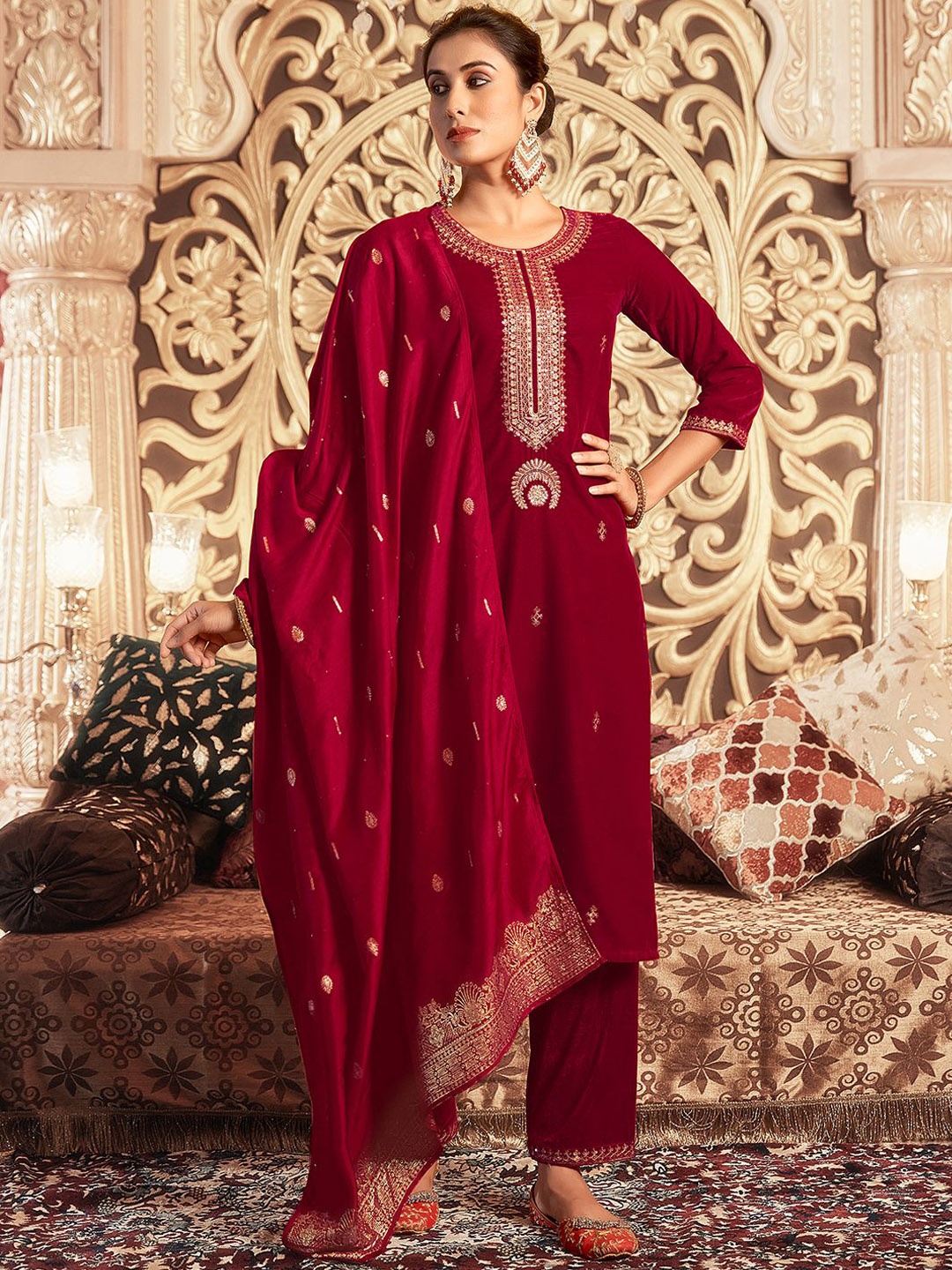 

SKYLEE Red Ethnic Motifs Embroidered Sequinned Kurta With Trousers & Dupatta