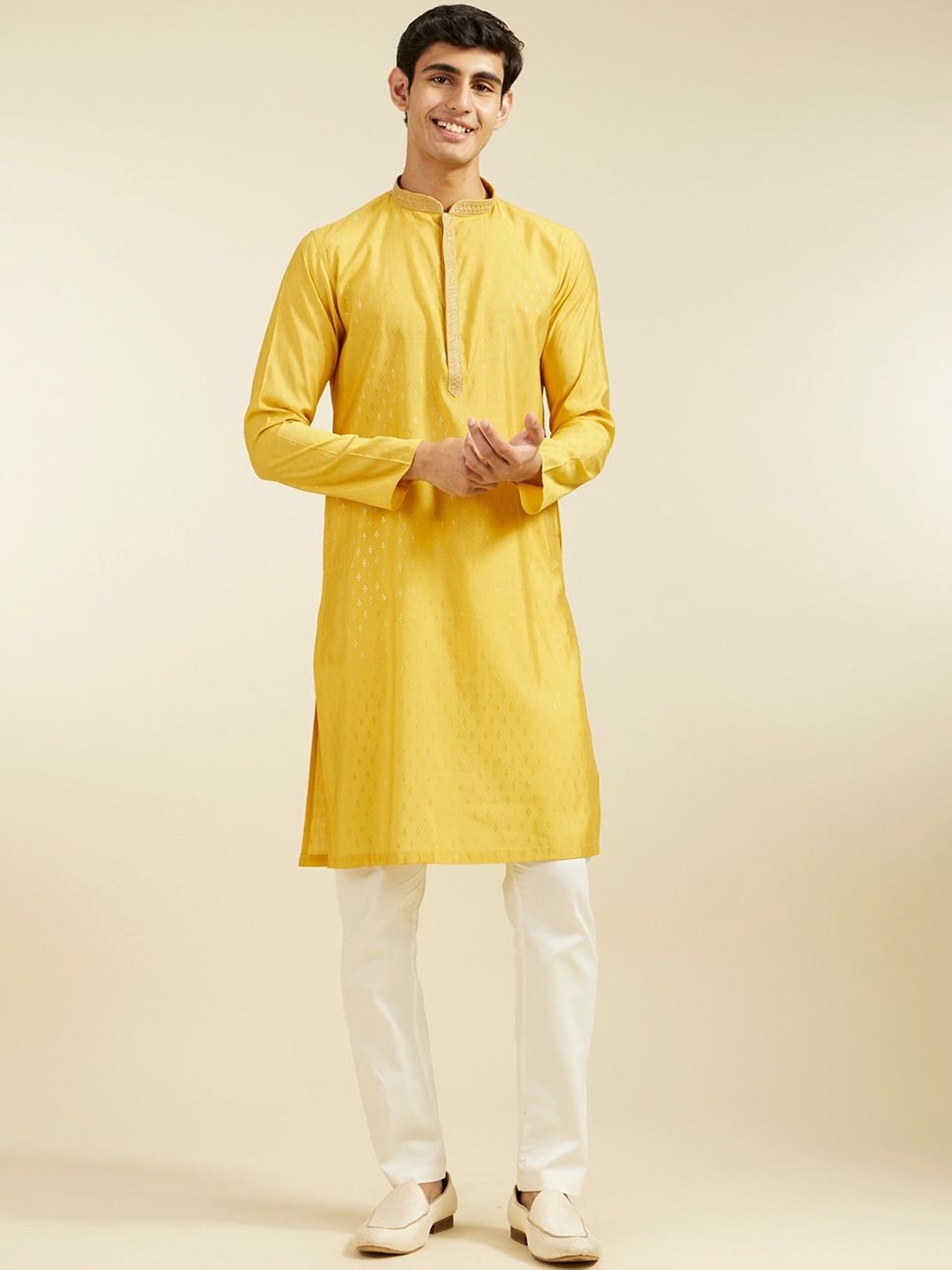 

Diwas by Manyavar Geometric Woven Design Mandarin Collar Straight Kurta, Mustard