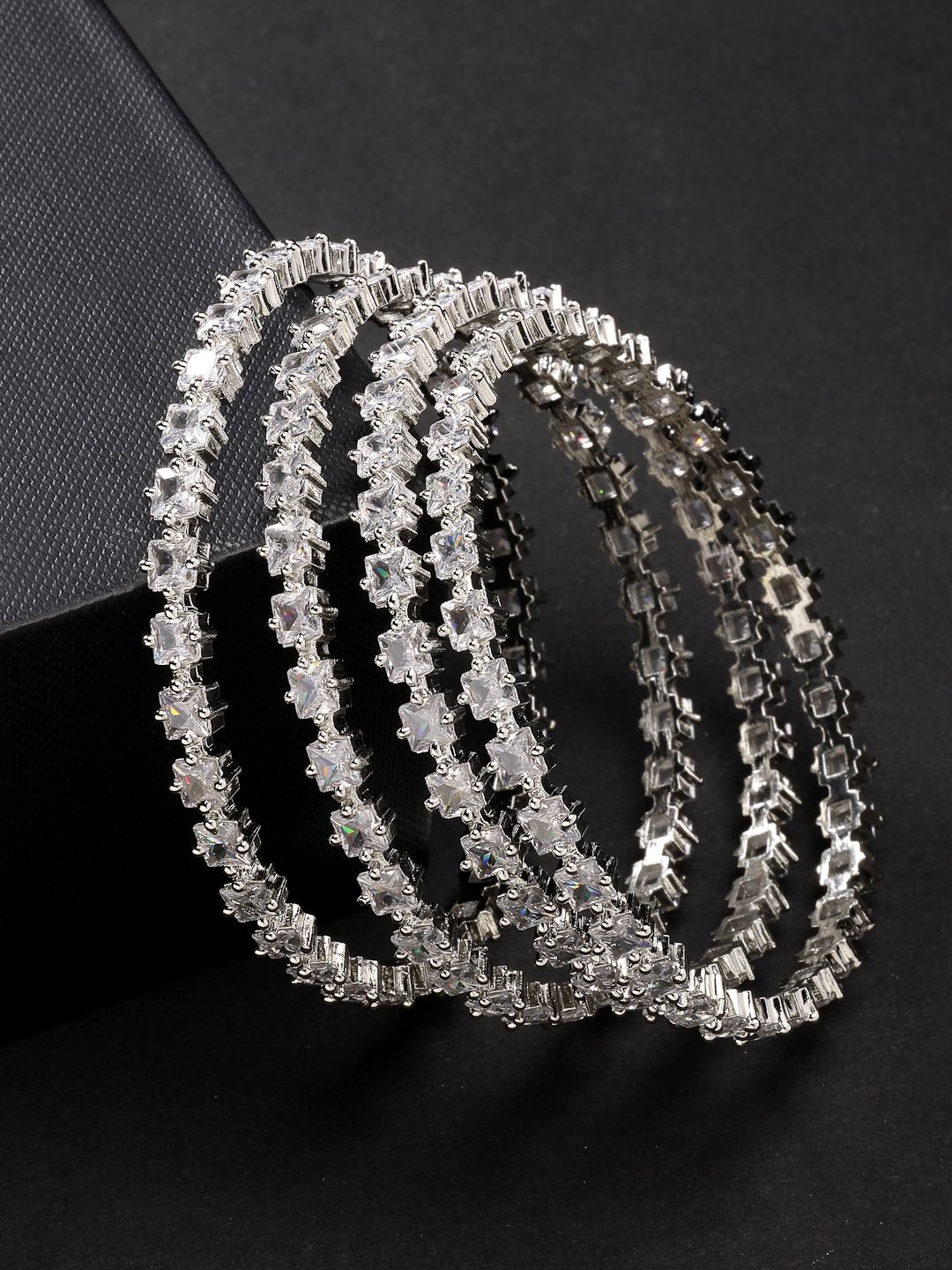 

NVR Set Of 4 Silver Plated Cubic Zirconia Stone Studded Bangles