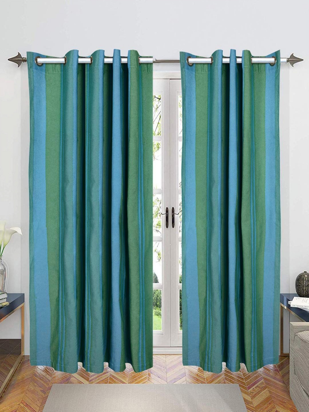 

Saral Home Green & Blue 2 Pieces Striped Room Darkening Cotton Long Door Curtain