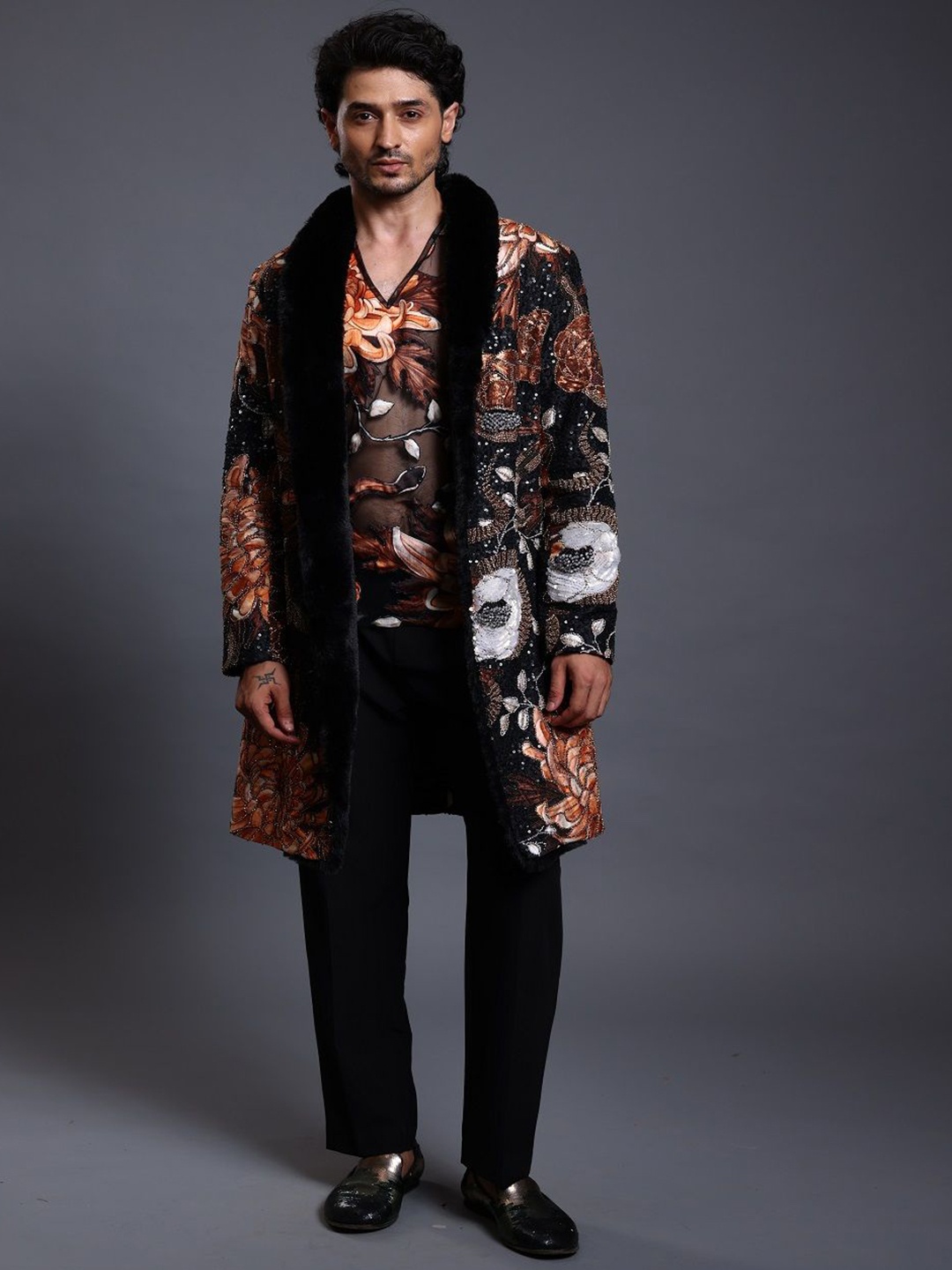 

Siddartha Tytler Men Longline Tailored Jacket with Patchwork, Black