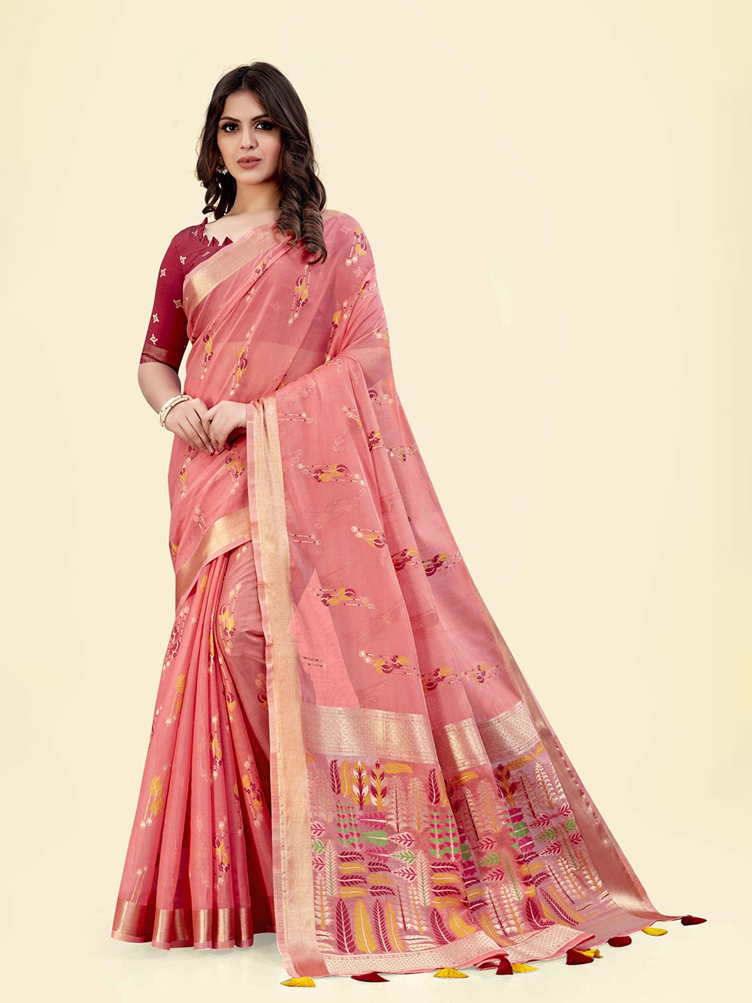 

SARHA Ethnic Motifs Printed Woven Design Zari Pure Cotton Saree, Peach