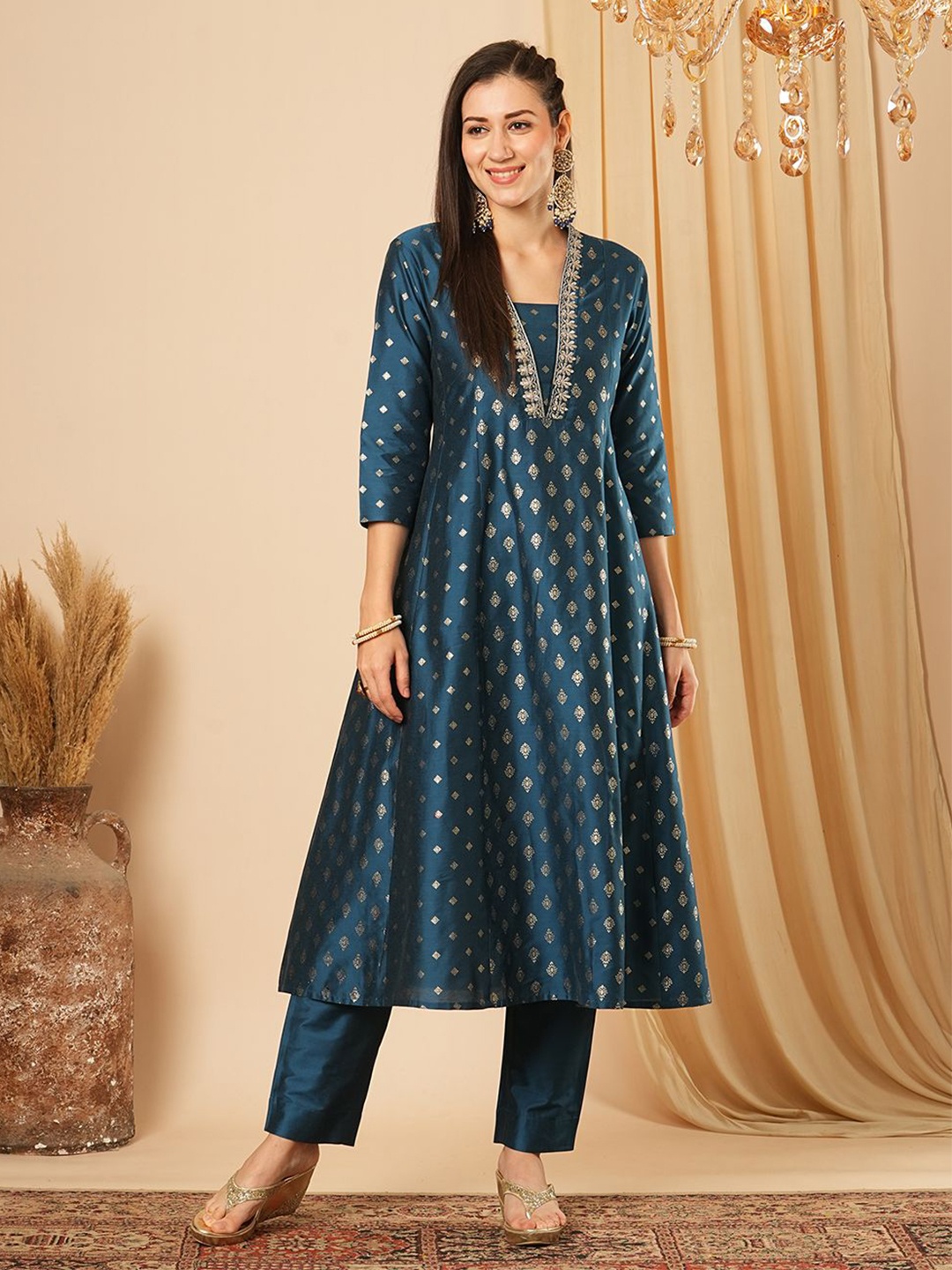 

Globus Women Ethnic Motifs Printed Panelled Thread Work Kurta with Trousers, Blue