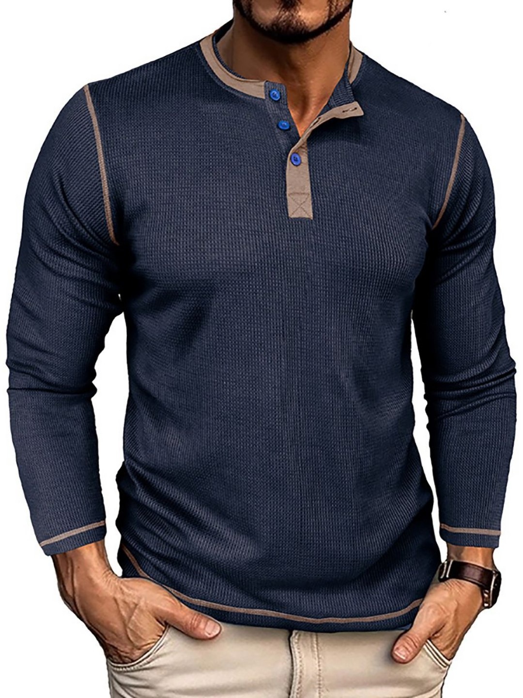 

StyleCast x Revolte Men Solid Henley Neck T-shirt, Blue