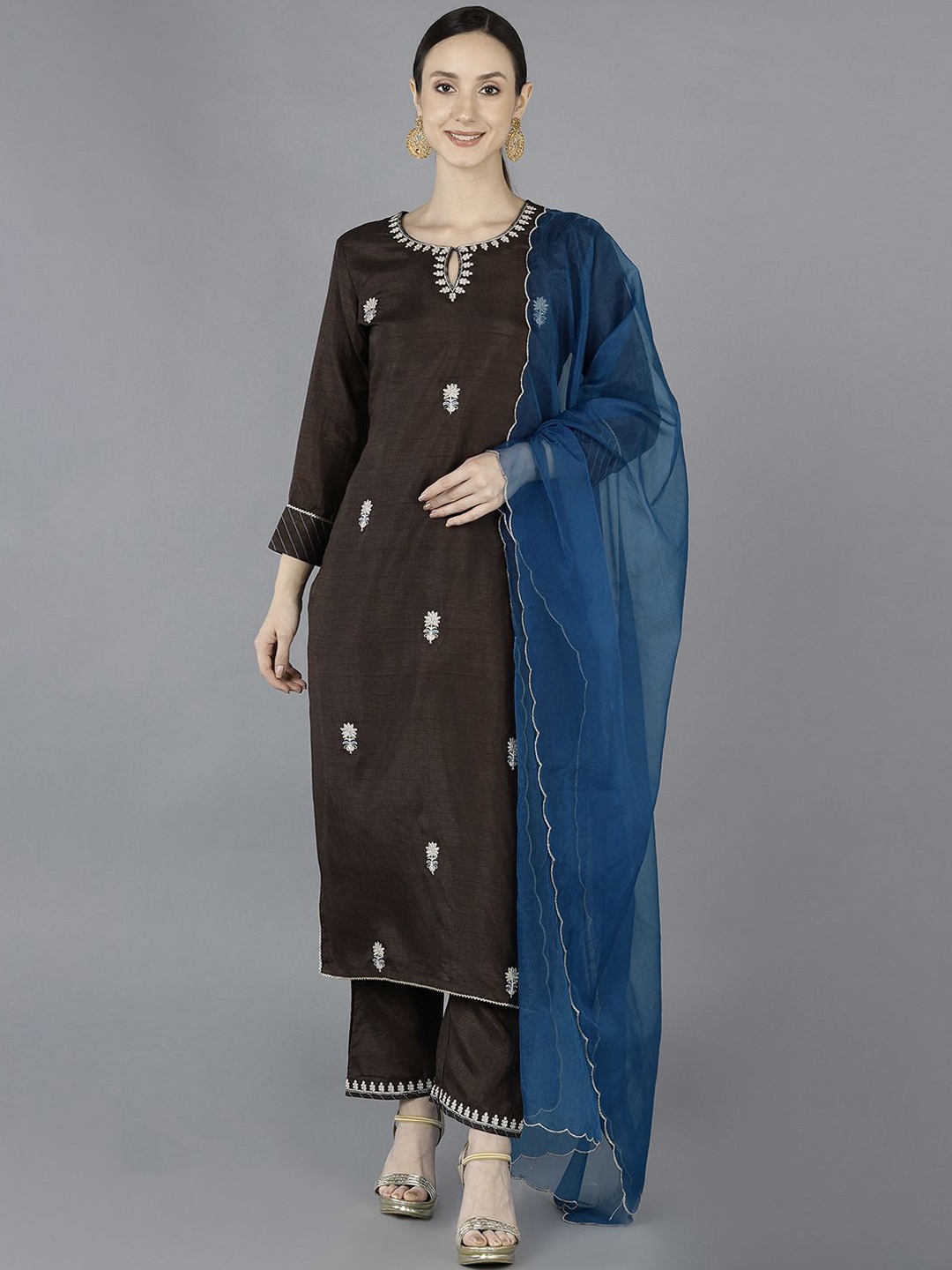 

KALINI Women Ethnic Motifs Embroidered Regular Thread Work Kurta with Trousers & With Dupatta, Brown