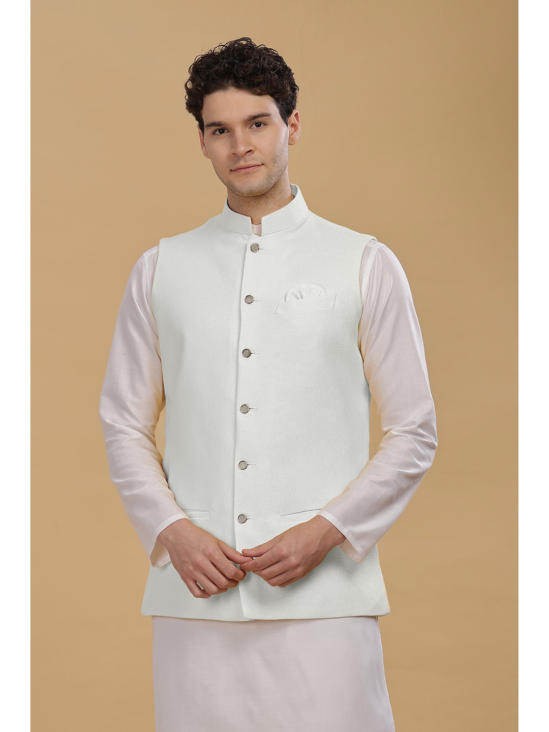 

Anouk Men Woven Cotton Nehru Jacket, White